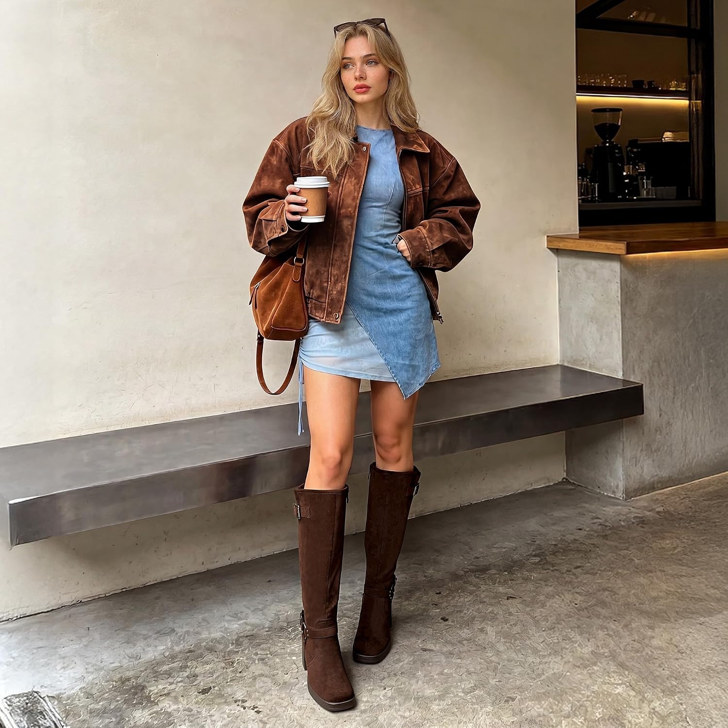 image:imageDREAM PAIRS Womens Platform Chunky Knee High Boots 356 Block Heel with Platform Square Toe Zipper Buckles Moto Biker Style Comfortable 5mm PU Foam Nonslip TPR OutsoleBrownsuede