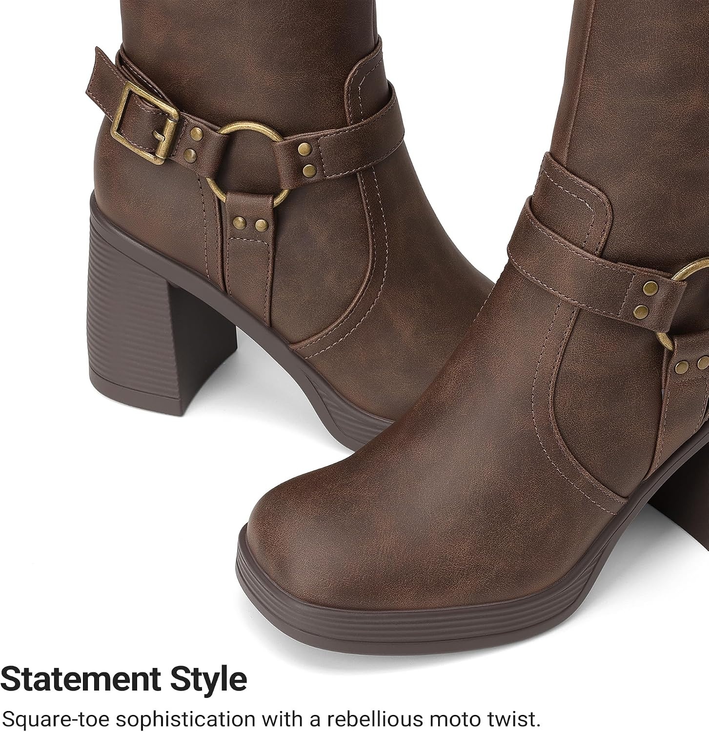 image:imageDREAM PAIRS Womens Platform Chunky Knee High Boots 356 Block Heel with Platform Square Toe Zipper Buckles Moto Biker Style Comfortable 5mm PU Foam Nonslip TPR OutsoleBrownnubuck
