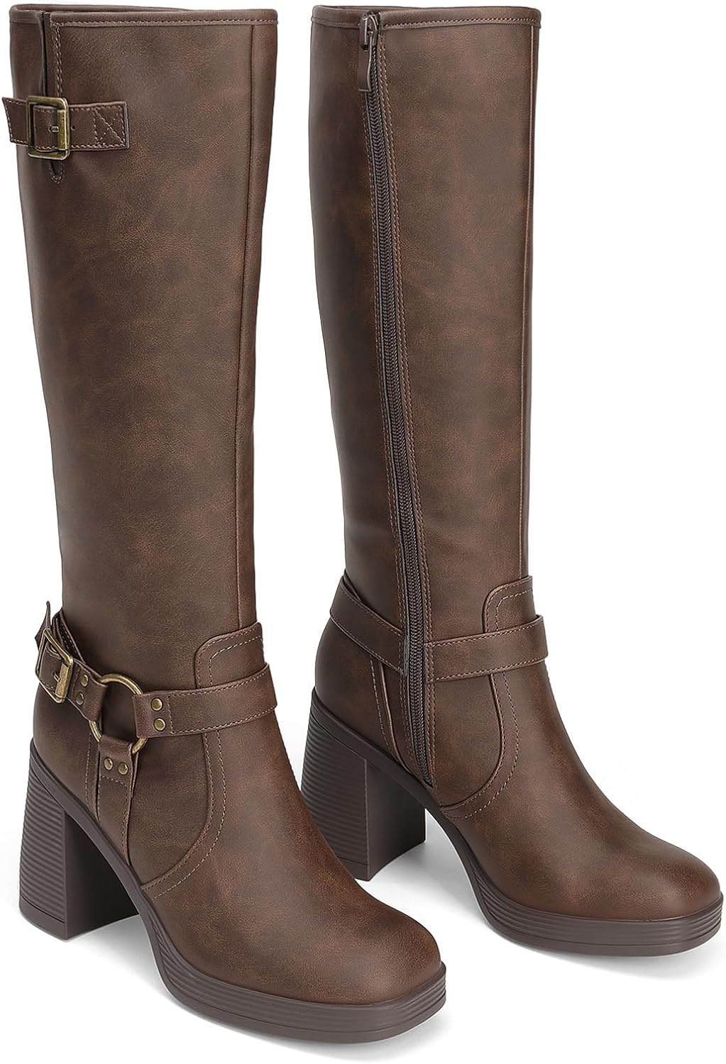 image:imageDREAM PAIRS Womens Platform Chunky Knee High Boots 356 Block Heel with Platform Square Toe Zipper Buckles Moto Biker Style Comfortable 5mm PU Foam Nonslip TPR OutsoleBrownnubuck