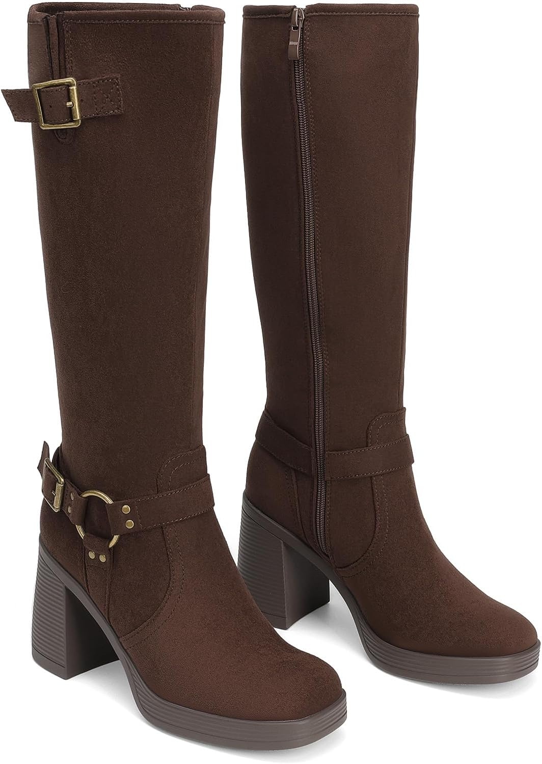image:imageDREAM PAIRS Womens Platform Chunky Knee High Boots 356 Block Heel with Platform Square Toe Zipper Buckles Moto Biker Style Comfortable 5mm PU Foam Nonslip TPR OutsoleBrownsuede