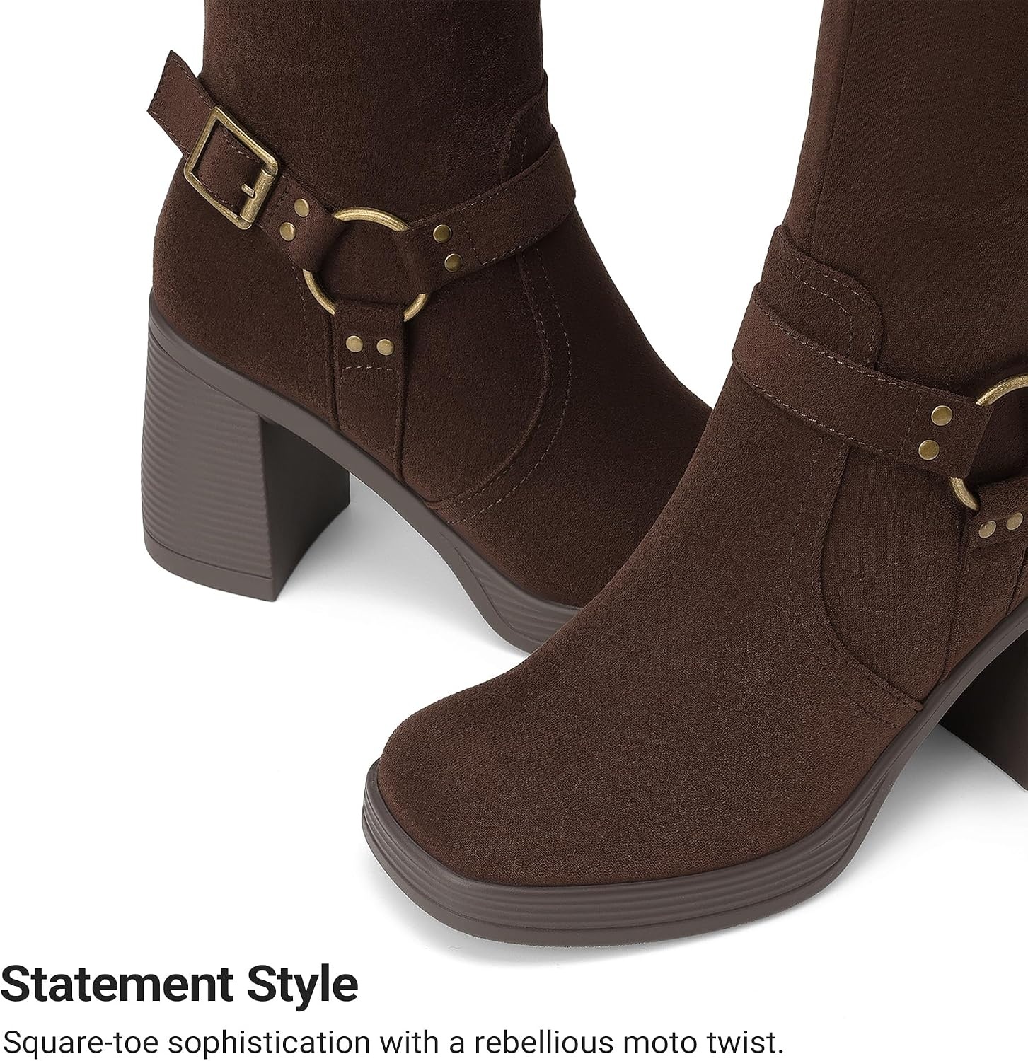 image:imageDREAM PAIRS Womens Platform Chunky Knee High Boots 356 Block Heel with Platform Square Toe Zipper Buckles Moto Biker Style Comfortable 5mm PU Foam Nonslip TPR OutsoleBrownsuede