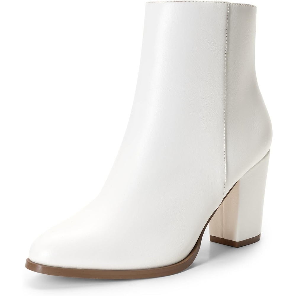 image:imageDREAM PAIRS Womens Ankle Boots Chunky Block Heel Booties Pointed Toe 3inch Block Heel Dress Booties Vintage Fashion Short Boots for Office Work Daily OccasionsWhitepu