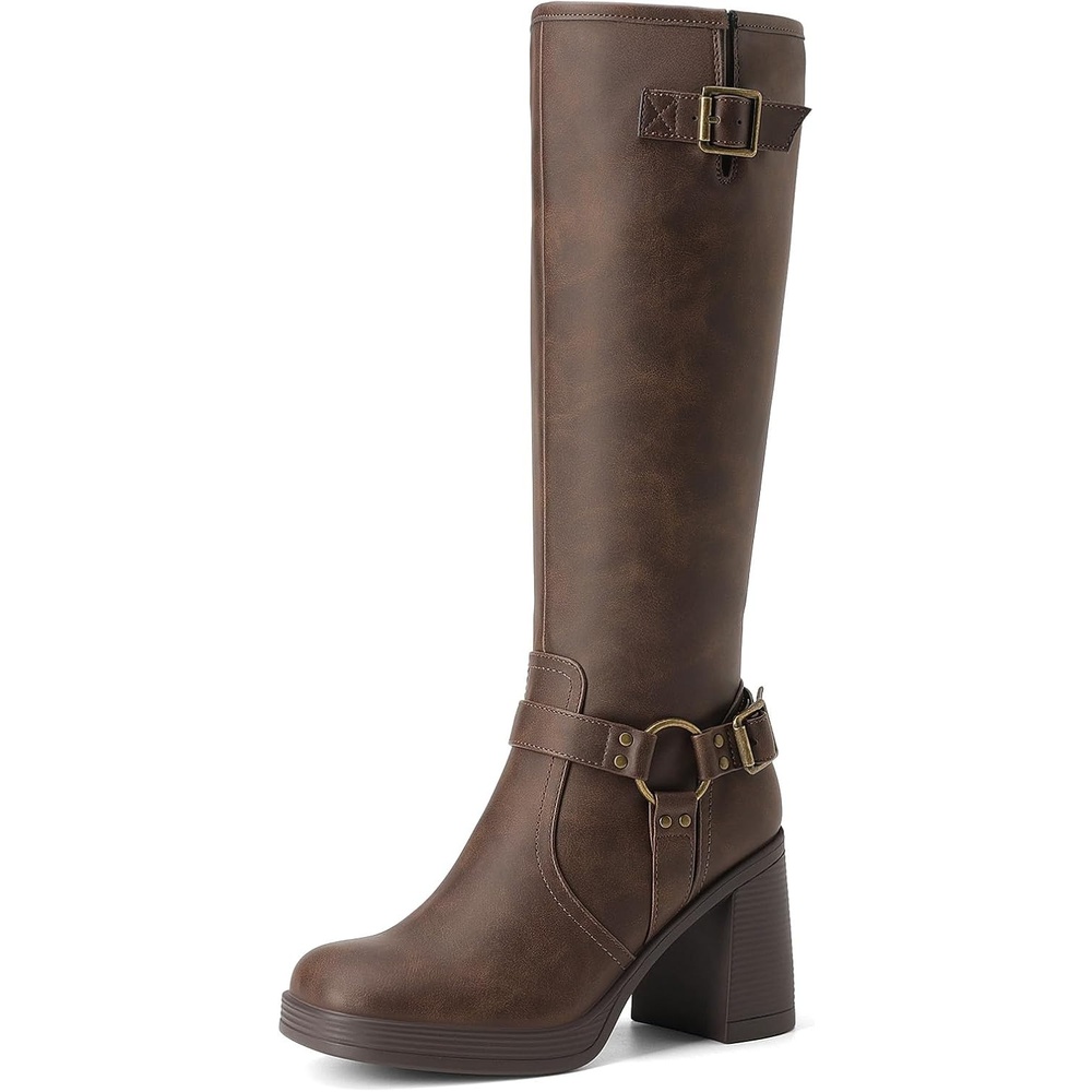 image:imageDREAM PAIRS Womens Platform Chunky Knee High Boots 356 Block Heel with Platform Square Toe Zipper Buckles Moto Biker Style Comfortable 5mm PU Foam Nonslip TPR OutsoleBrownnubuck