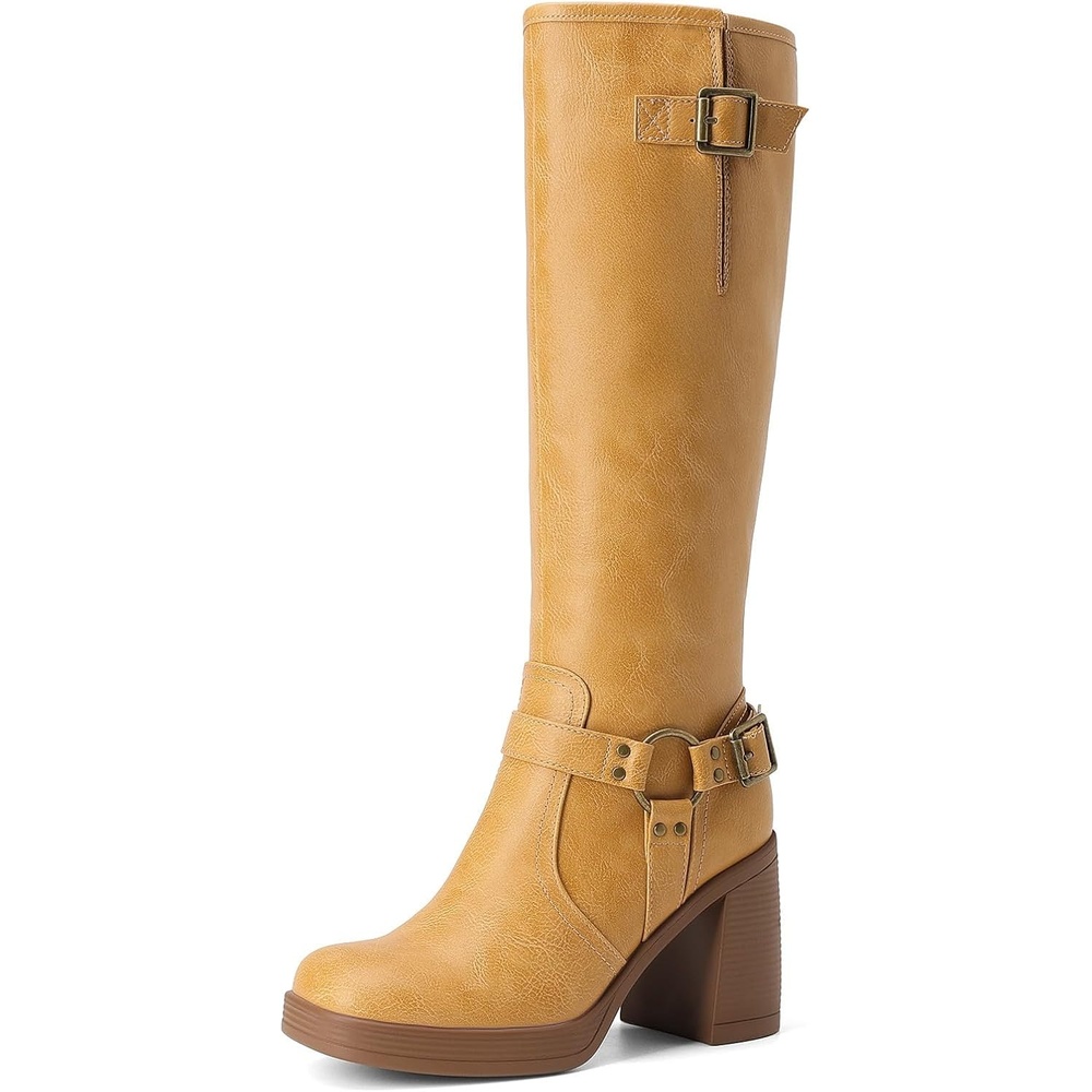 image:imageDREAM PAIRS Womens Platform Chunky Knee High Boots  356 Block Heel with Platform Square Toe Zipper Buckles Moto Biker Style Comfortable 5mm PU Foam Nonslip TPR OutsoleYellow