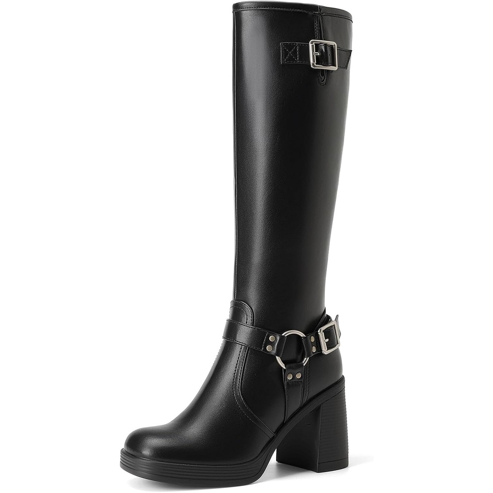 image:imageDREAM PAIRS Womens Platform Chunky Knee High Boots 356 Block Heel with Platform Square Toe Zipper Buckles Moto Biker Style Comfortable 5mm PU Foam Nonslip TPR OutsoleBlack
