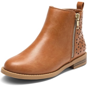 DREAM PAIRS Girls Glitter Star Ankle Boots | Glitter stars add sparkle to every step. Side zipper and pull tab. Soft lining, low heel. TPR outsole for steady steps.(Tan/Pu)