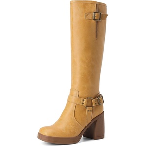 DREAM PAIRS Women’s Platform Chunky Knee High Boots | 3.56″ Block Heel with Platform, Square Toe, Zipper, Buckles Moto Biker Style, Comfortable 5mm PU Foam, Non-slip TPR Outsole(Yellow)