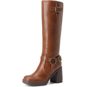 DREAM PAIRS Women’s Platform Chunky Knee High Boots | 3.56″ Block Heel with Platform, Square Toe, Zipper, Buckles Moto Biker Style, Comfortable 5mm PU Foam, Non-slip TPR Outsole(Light Brown)