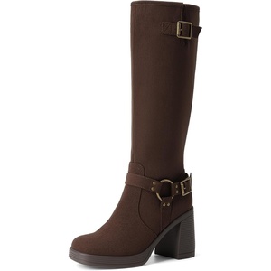 DREAM PAIRS Women’s Platform Chunky Knee High Boots | 3.56″ Block Heel with Platform, Square Toe, Zipper, Buckles Moto Biker Style, Comfortable 5mm PU Foam, Non-slip TPR Outsole(Brown-suede)