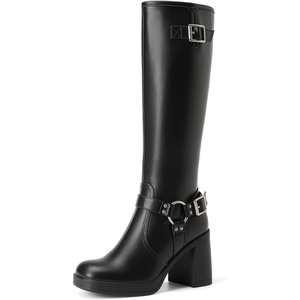 DREAM PAIRS Women’s Platform Chunky Knee High Boots | 3.56″ Block Heel with Platform, Square Toe, Zipper, Buckles Moto Biker Style, Comfortable 5mm PU Foam, Non-slip TPR Outsole(Black)
