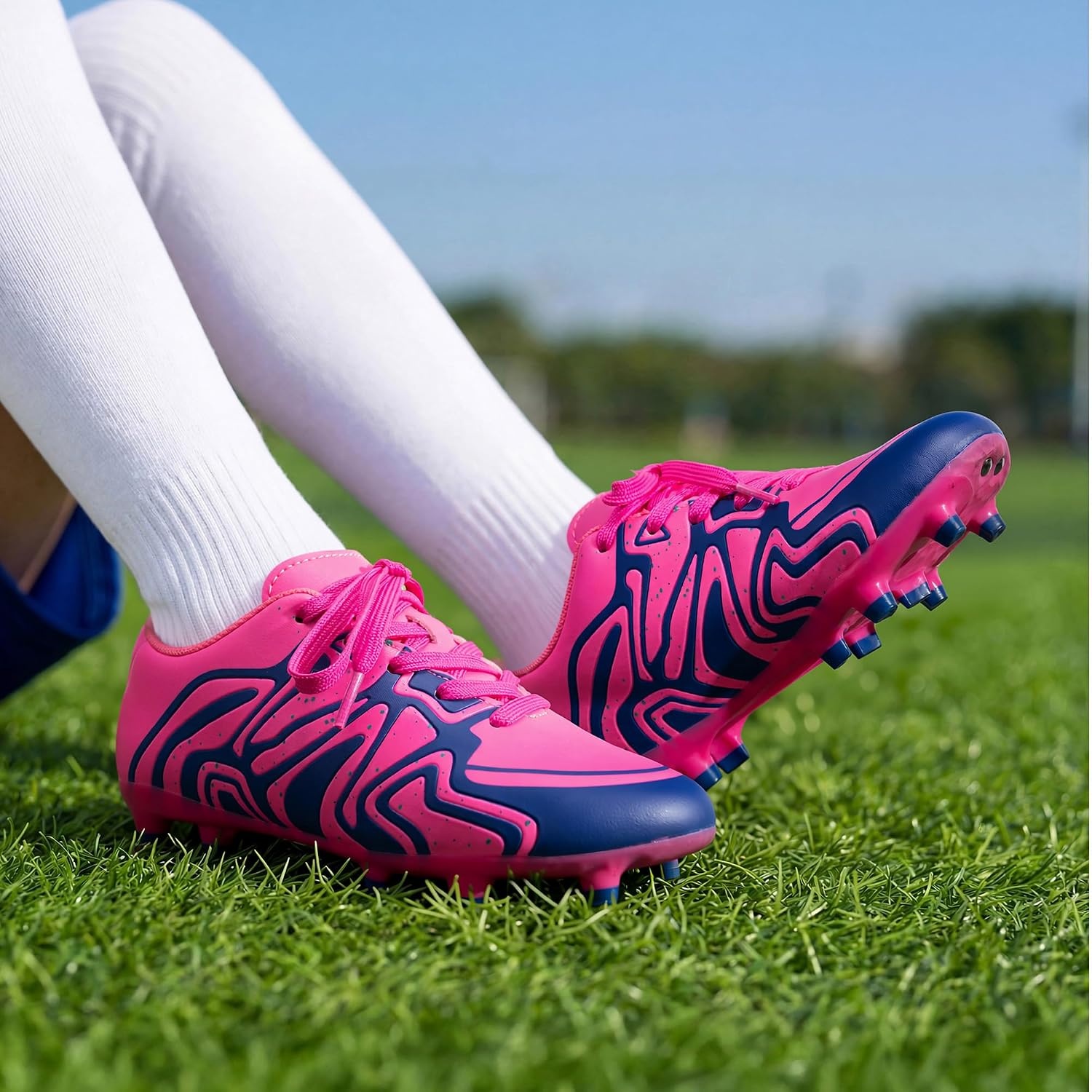 image:imageDREAM PAIRS Boys Girls Baseball Soccer Cleats Football Kids Toddler Youth Comfortable Stable Lightweight Soccer Shoes Cleats with Cushioned InsoleFuchsiaPinkRoyalBlue