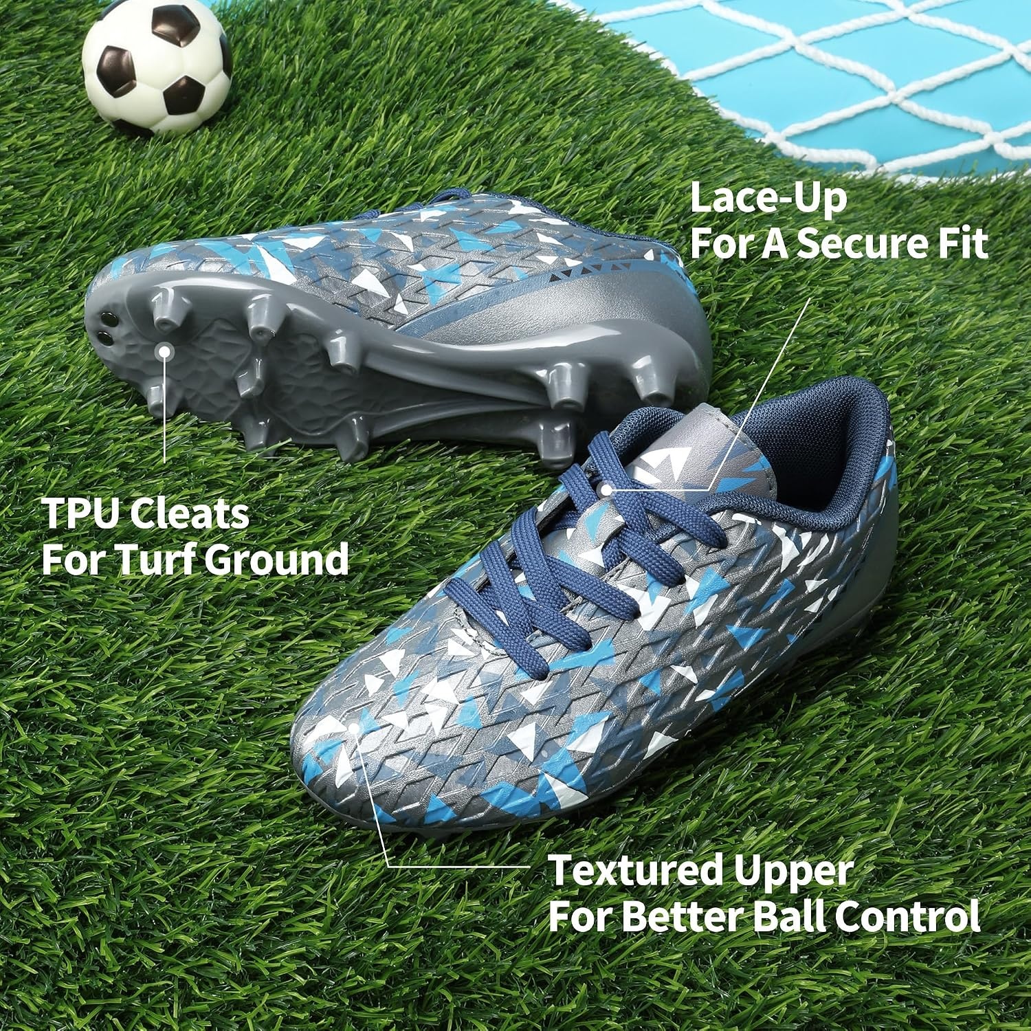 image:imageDREAM PAIRS Boys Girls Soccer Cleats Youth Firm Ground Athletic Outdoor Training Football Shoes for Little Kid Big Kid ToddlerDarkGreyRoyalBlue