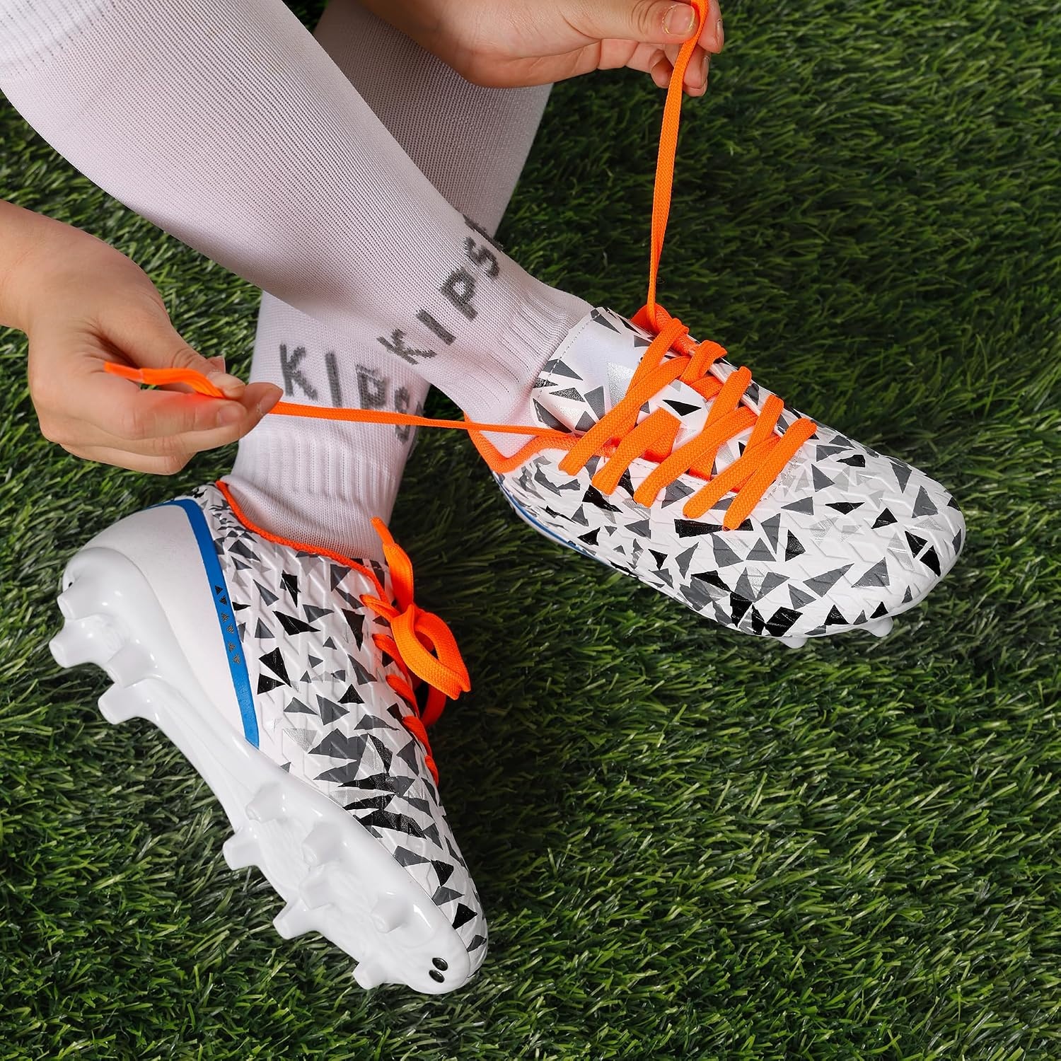 image:imageDREAM PAIRS Boys Girls Soccer Cleats Youth Firm Ground Athletic Outdoor Training Football Shoes for Little Kid Big Kid ToddlerWhiteRoyalBlueOrange
