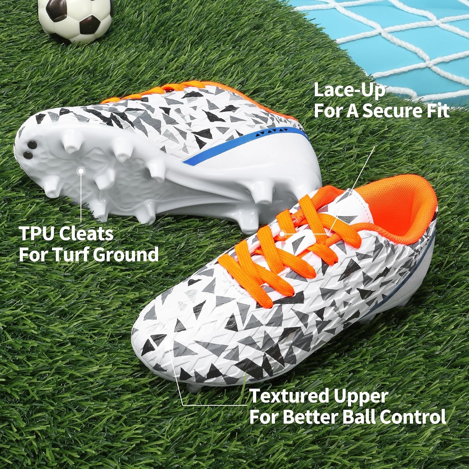 image:imageDREAM PAIRS Boys Girls Soccer Cleats Youth Firm Ground Athletic Outdoor Training Football Shoes for Little Kid Big Kid ToddlerWhiteRoyalBlueOrange