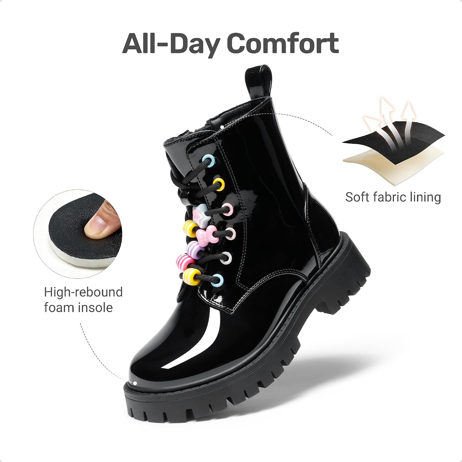 image:imageDREAM PAIRS Girls Lace Up Combat Ankle Boots Girls Combat Ankle Boots 6Eye LaceUp with Side Zipper Easy Wear and Adjustable Fit for Fall Daily Party and Rainy DayAll Black