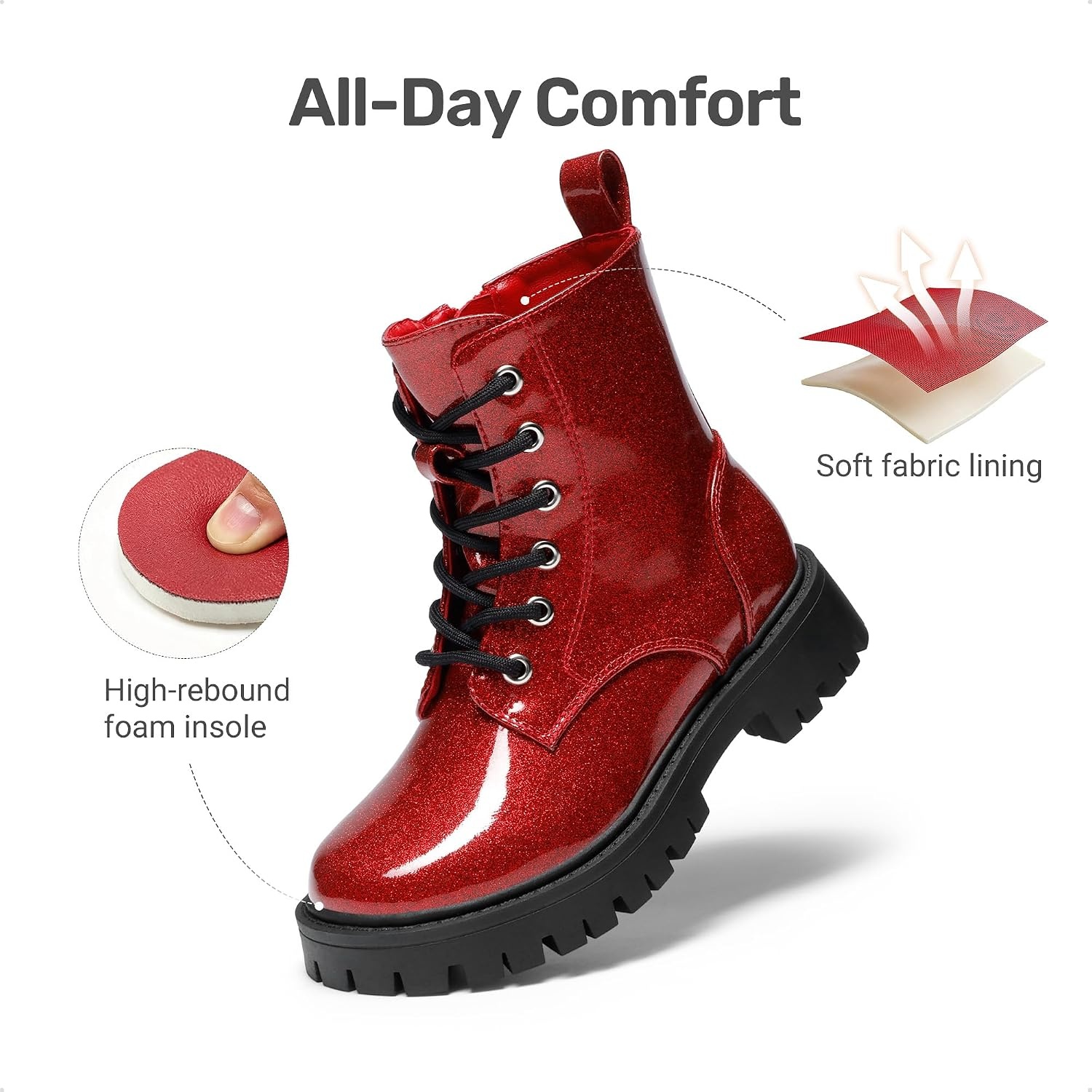 image:imageDREAM PAIRS Girls Lace Up Combat Ankle Boots Girls Combat Ankle Boots 6Eye LaceUp with Side Zipper Easy Wear and Adjustable Fit for Fall Daily Party and Rainy DayRed