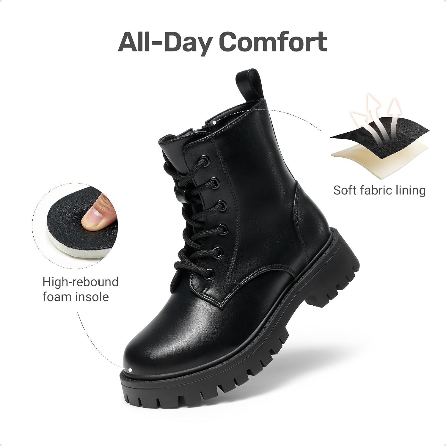 image:imageDREAM PAIRS Girls Lace Up Combat Ankle Boots Girls Combat Ankle Boots 6Eye LaceUp with Side Zipper Easy Wear and Adjustable Fit for Fall Daily Party and Rainy DayBlackpu