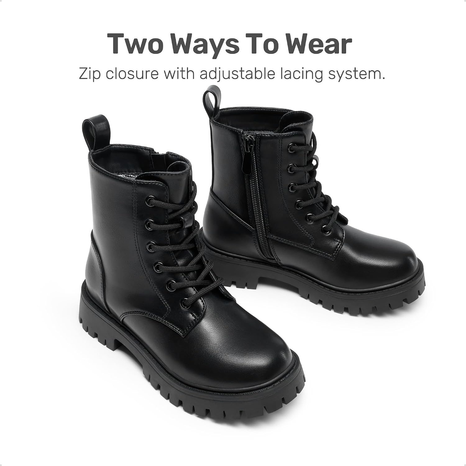image:imageDREAM PAIRS Girls Lace Up Combat Ankle Boots Girls Combat Ankle Boots 6Eye LaceUp with Side Zipper Easy Wear and Adjustable Fit for Fall Daily Party and Rainy DayBlackpu