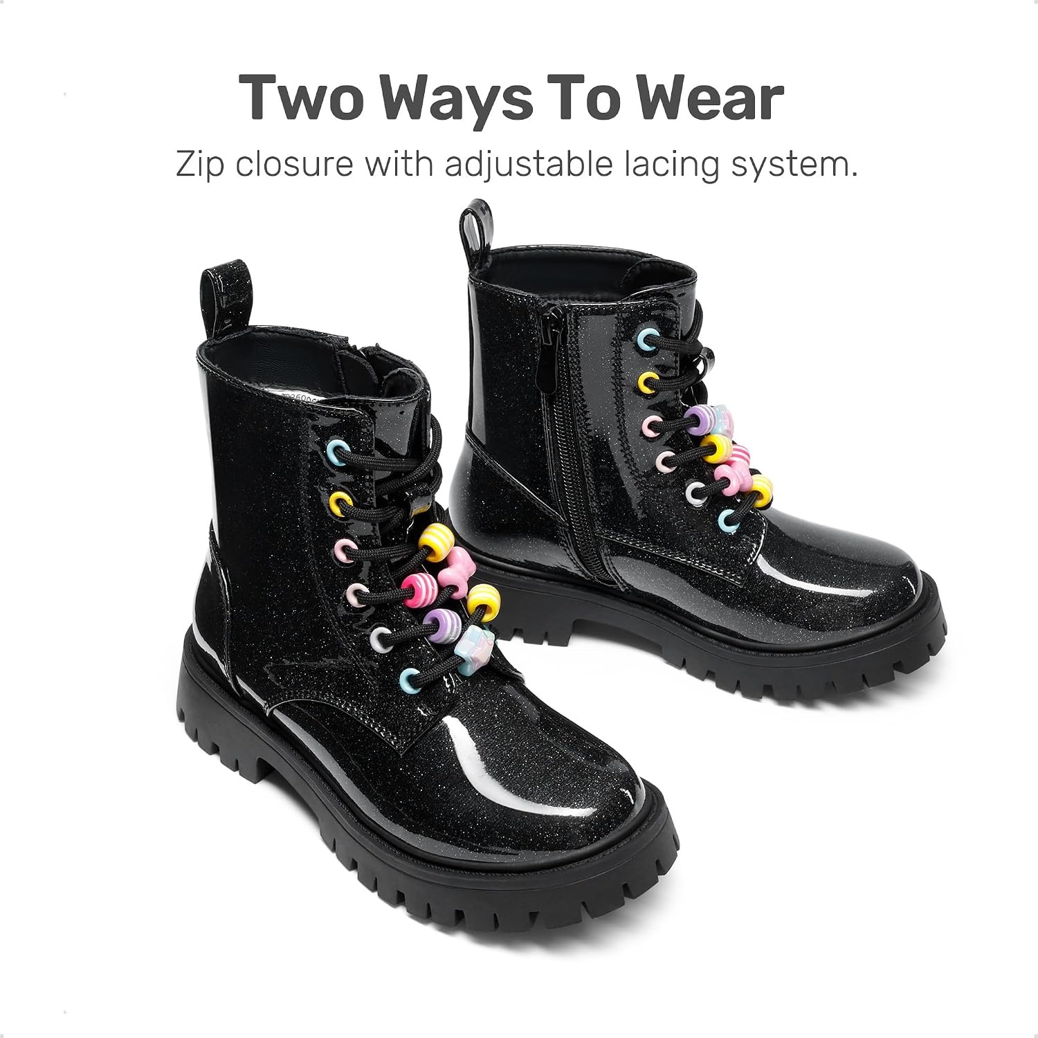 image:imageDREAM PAIRS Girls Lace Up Combat Ankle Boots Girls Combat Ankle Boots 6Eye LaceUp with Side Zipper Easy Wear and Adjustable Fit for Fall Daily Party and Rainy DayBlackglitter