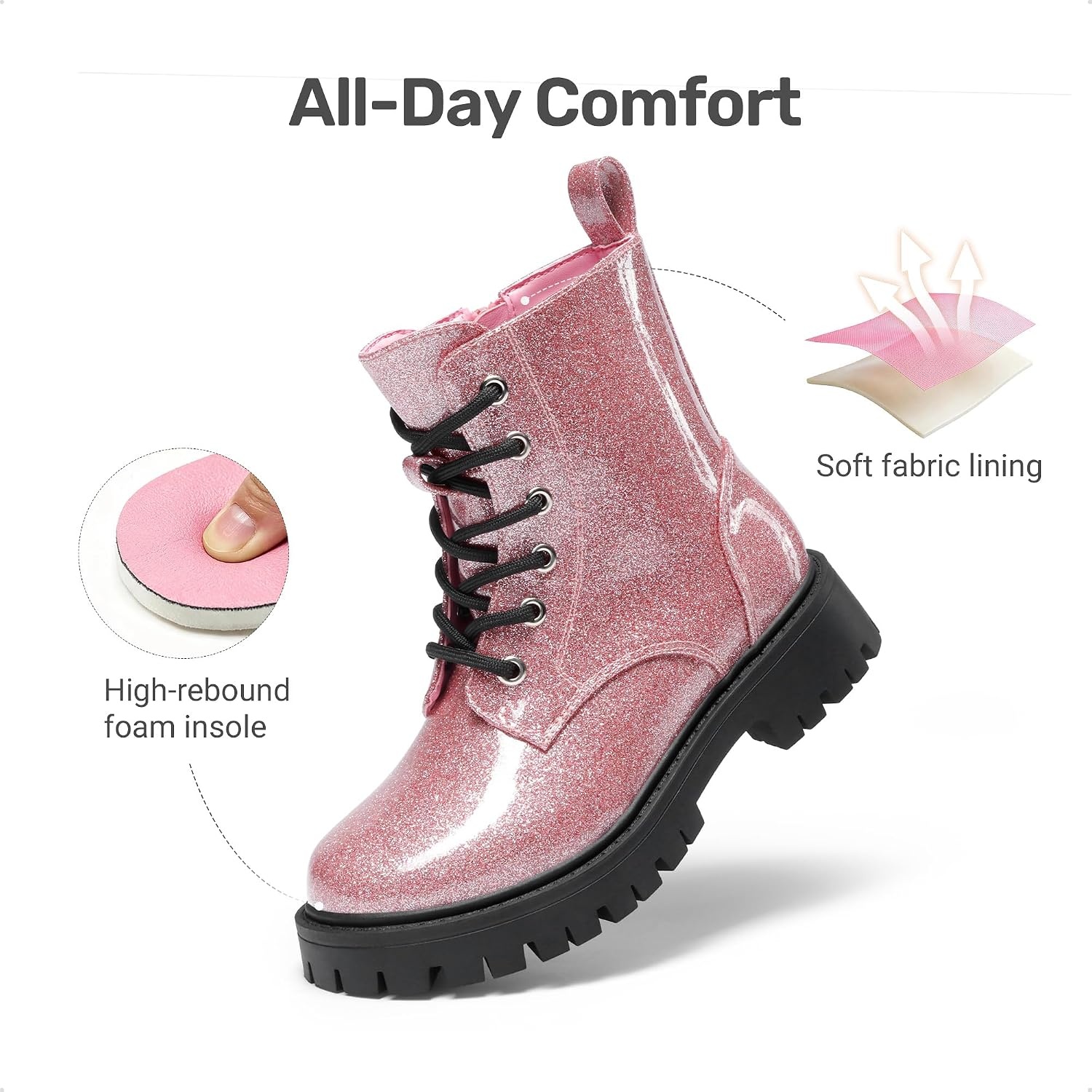 image:imageDREAM PAIRS Girls Lace Up Combat Ankle Boots Girls Combat Ankle Boots 6Eye LaceUp with Side Zipper Easy Wear and Adjustable Fit for Fall Daily Party and Rainy DayPink