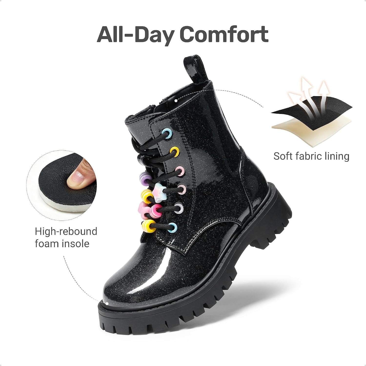 image:imageDREAM PAIRS Girls Lace Up Combat Ankle Boots Girls Combat Ankle Boots 6Eye LaceUp with Side Zipper Easy Wear and Adjustable Fit for Fall Daily Party and Rainy DayBlackglitter