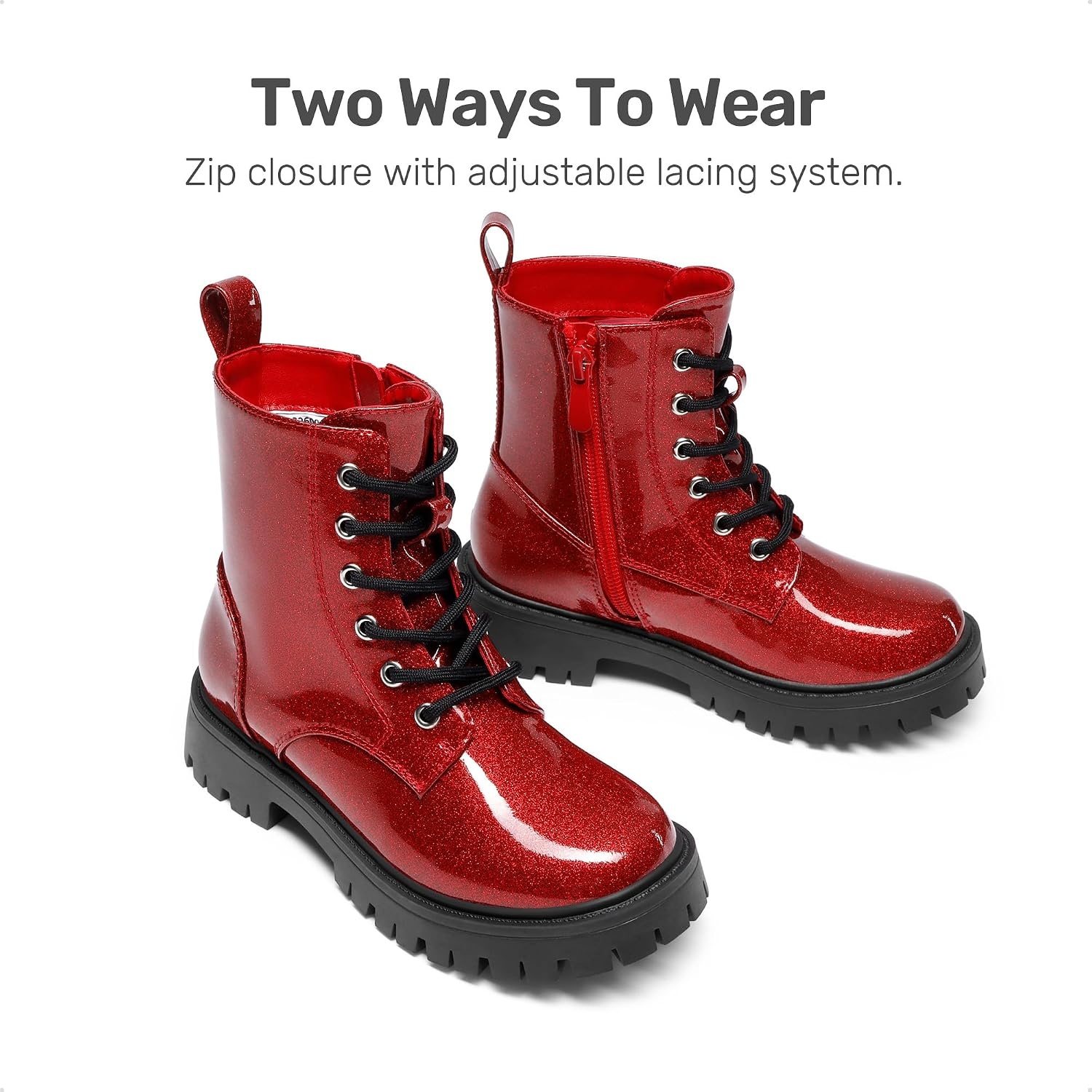 image:imageDREAM PAIRS Girls Lace Up Combat Ankle Boots Girls Combat Ankle Boots 6Eye LaceUp with Side Zipper Easy Wear and Adjustable Fit for Fall Daily Party and Rainy DayRed