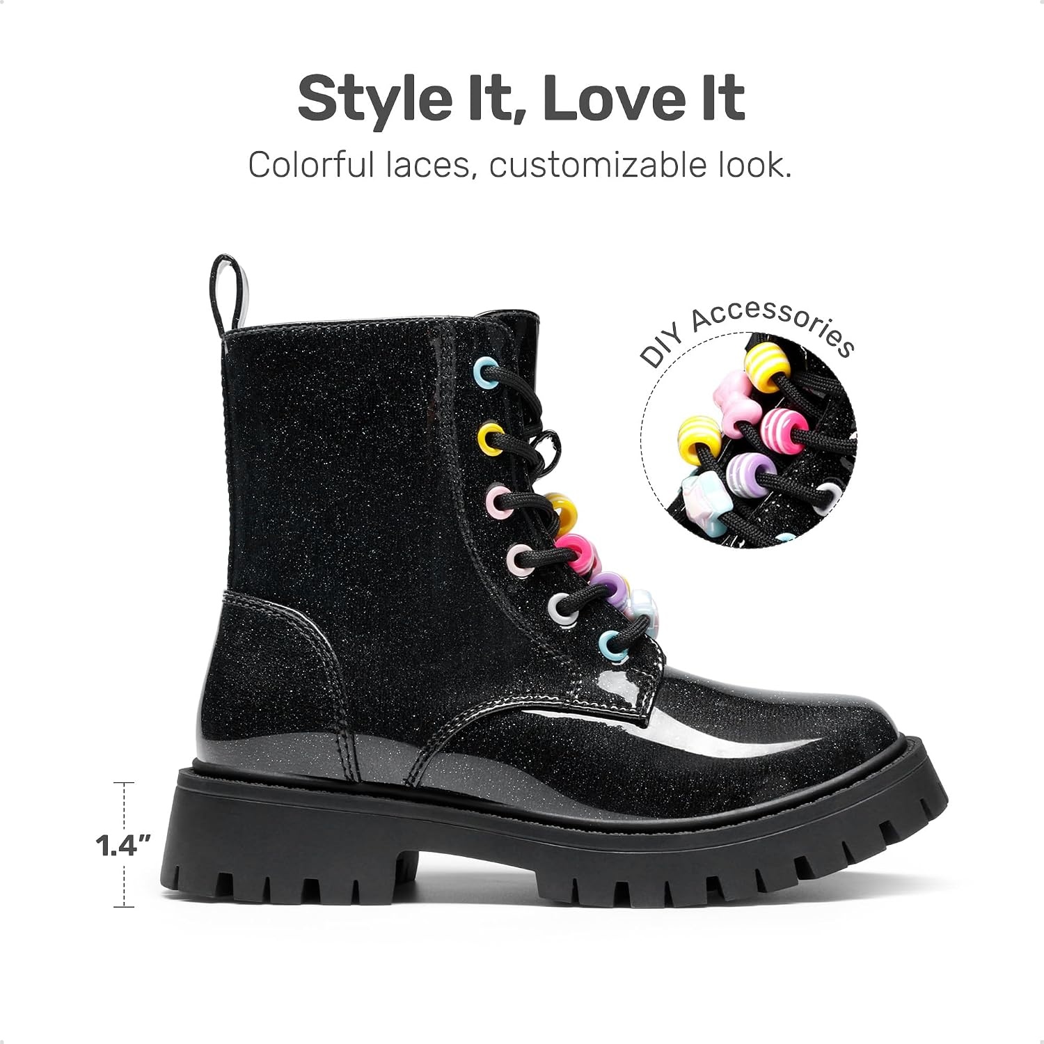 image:imageDREAM PAIRS Girls Lace Up Combat Ankle Boots Girls Combat Ankle Boots 6Eye LaceUp with Side Zipper Easy Wear and Adjustable Fit for Fall Daily Party and Rainy DayBlackglitter