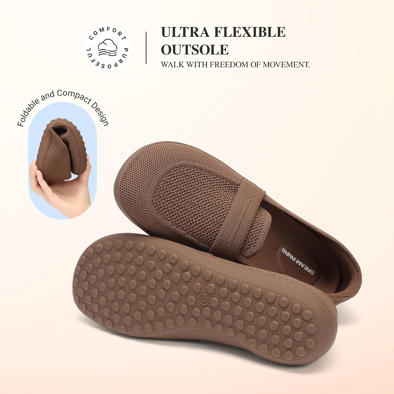 image:imageDREAM PAIRS Women Comfort Wide Toe Barefoot Knit Loafers Zerodrop barefoot sole Wide toe box with arch support with breathable upper foldable loafer for daily work businessBrown