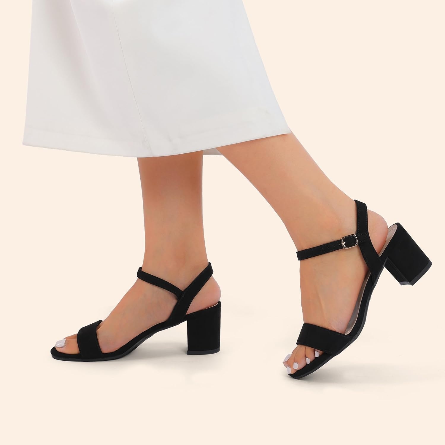 image:imageDREAM PAIRS Womens Chunky Low Heeled Sandals Comfortable Open Toe Ankle Strap Classic Short Block Sandals with Buckle for Daily Work Wedding PartyBlacksuede