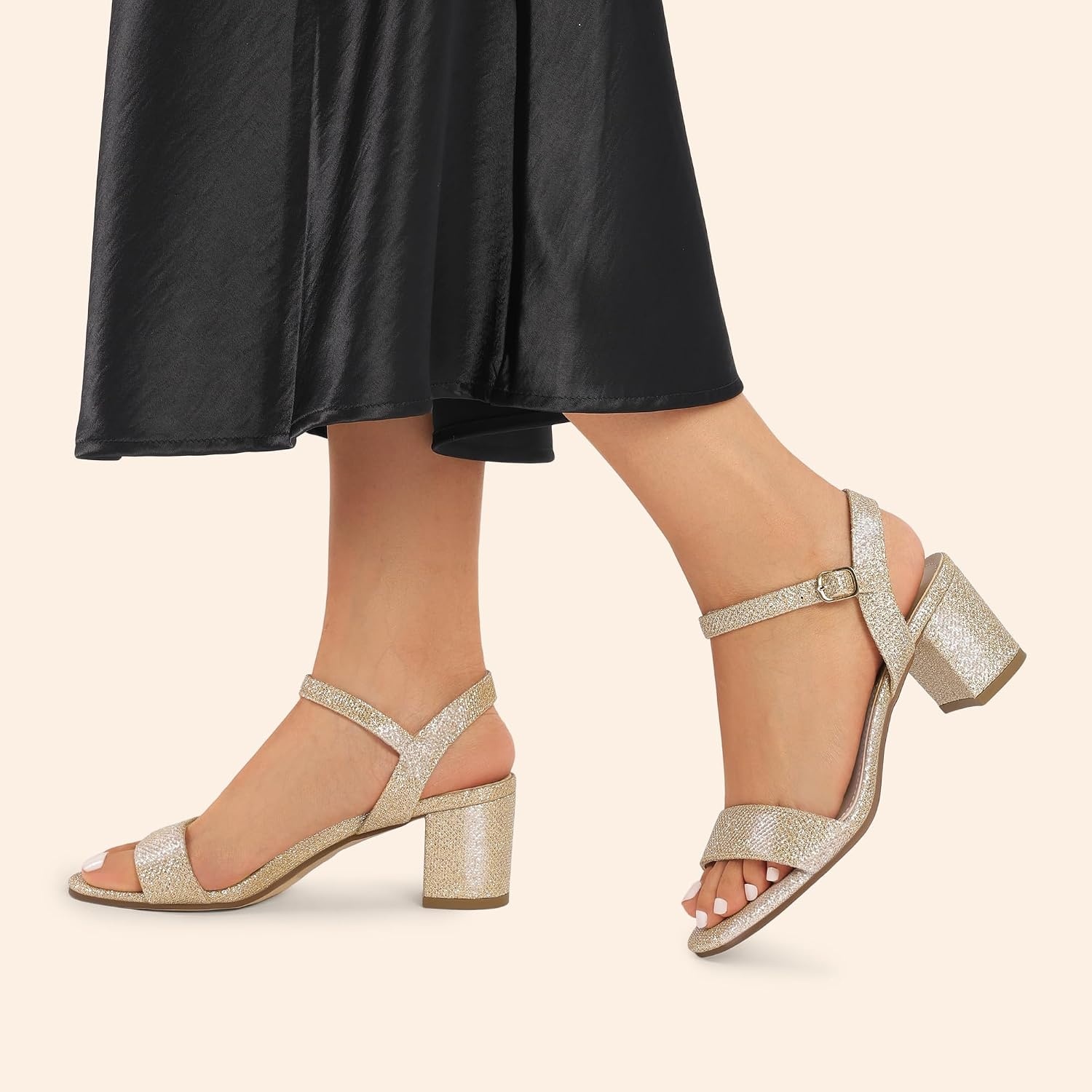 image:imageDREAM PAIRS Womens Chunky Low Heeled Sandals Comfortable Open Toe Ankle Strap Classic Short Block Sandals with Buckle for Daily Work Wedding PartyGoldglitter