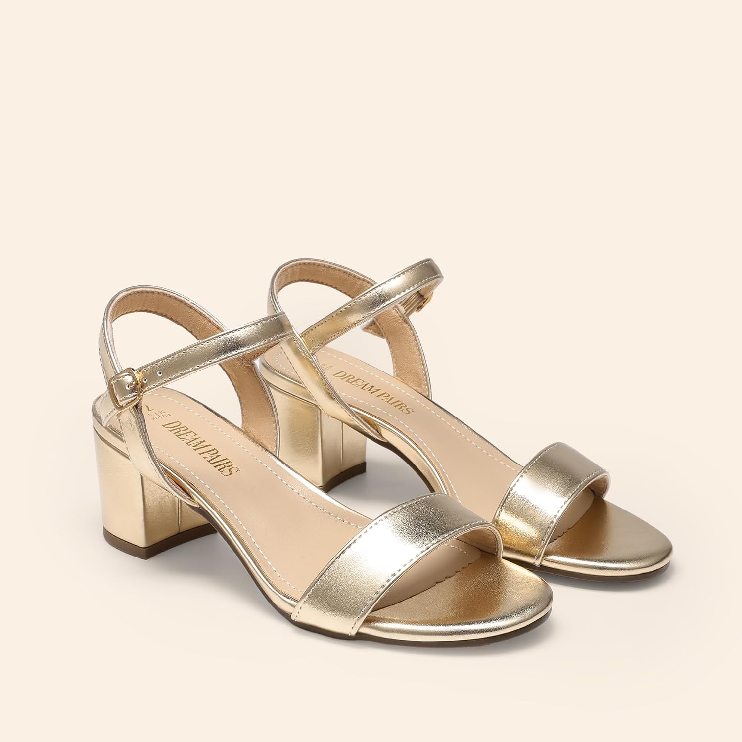 image:imageDREAM PAIRS Womens Chunky Low Heeled Sandals Comfortable Open Toe Ankle Strap Classic Short Block Sandals with Buckle for Daily Work Wedding PartyGoldmetallic