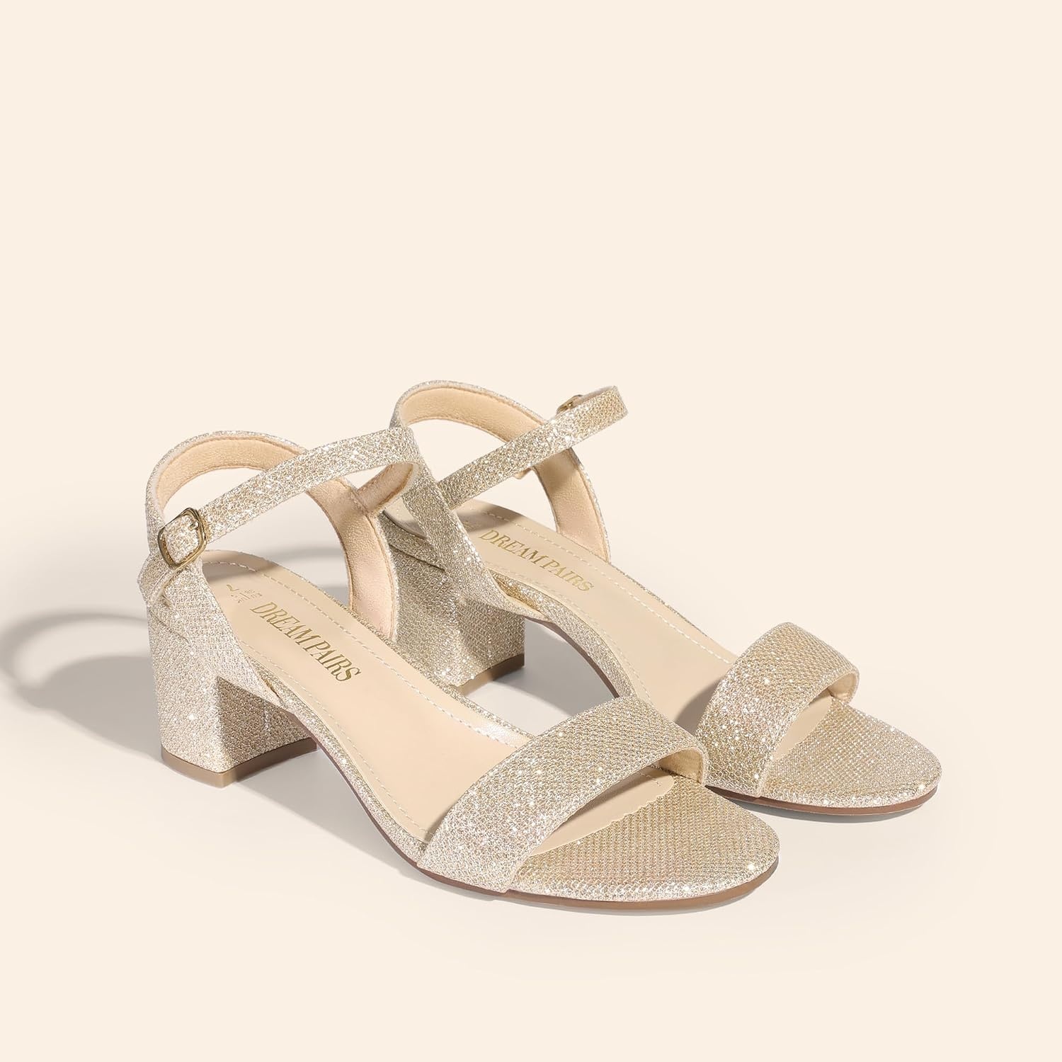 image:imageDREAM PAIRS Womens Chunky Low Heeled Sandals Comfortable Open Toe Ankle Strap Classic Short Block Sandals with Buckle for Daily Work Wedding PartyGoldglitter