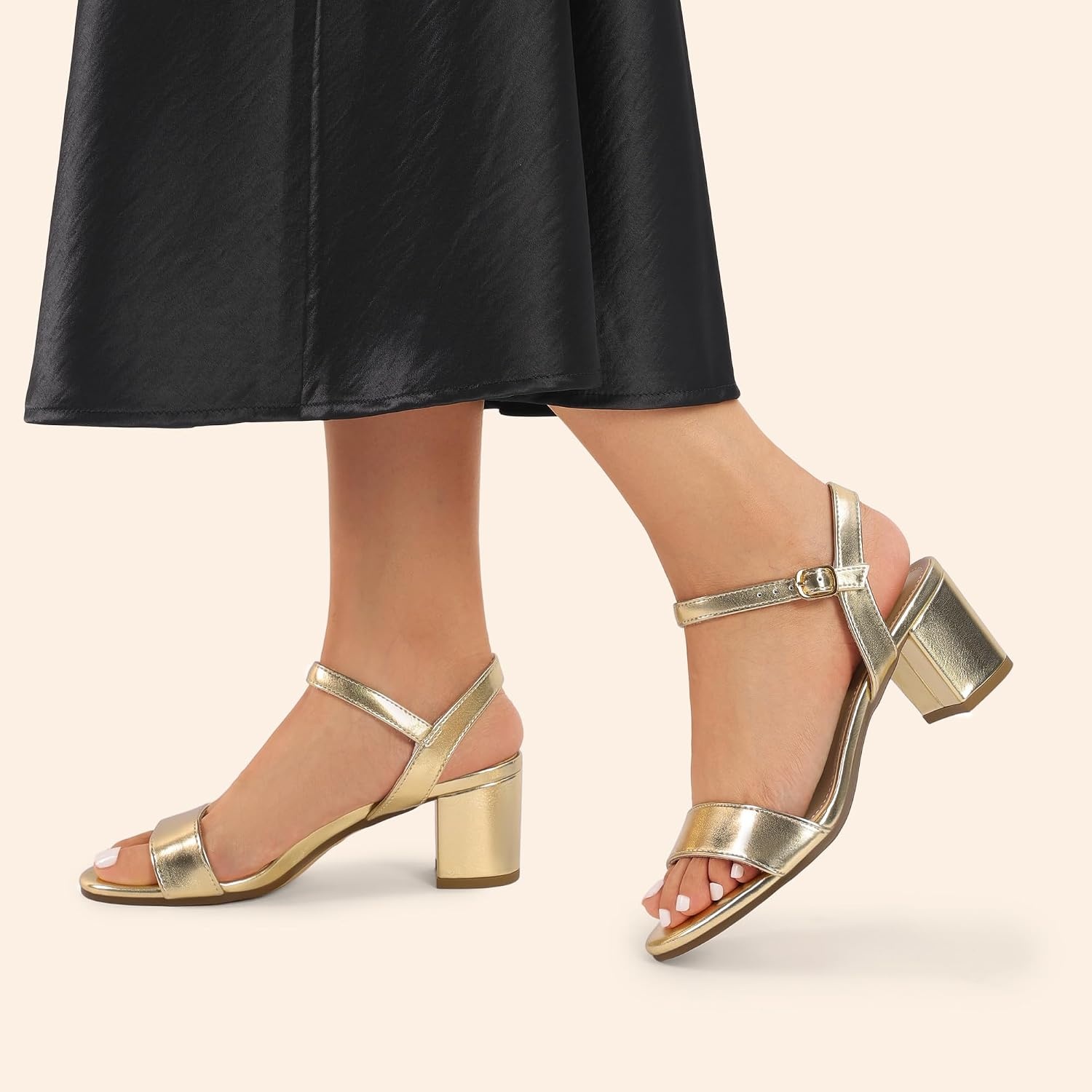image:imageDREAM PAIRS Womens Chunky Low Heeled Sandals Comfortable Open Toe Ankle Strap Classic Short Block Sandals with Buckle for Daily Work Wedding PartyGoldmetallic