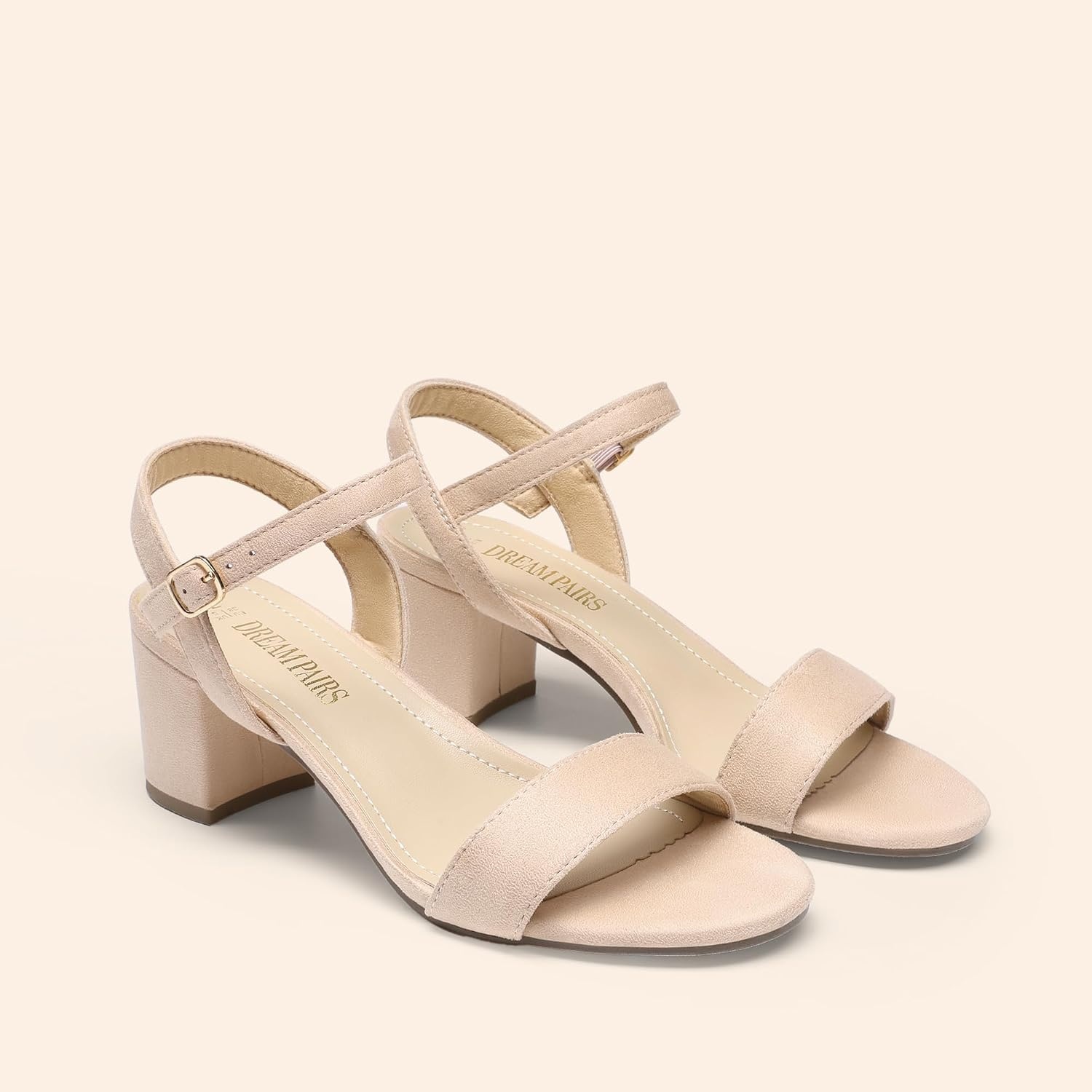 image:imageDREAM PAIRS Womens Chunky Low Heeled Sandals Comfortable Open Toe Ankle Strap Classic Short Block Sandals with Buckle for Daily Work Wedding PartyNudesuede