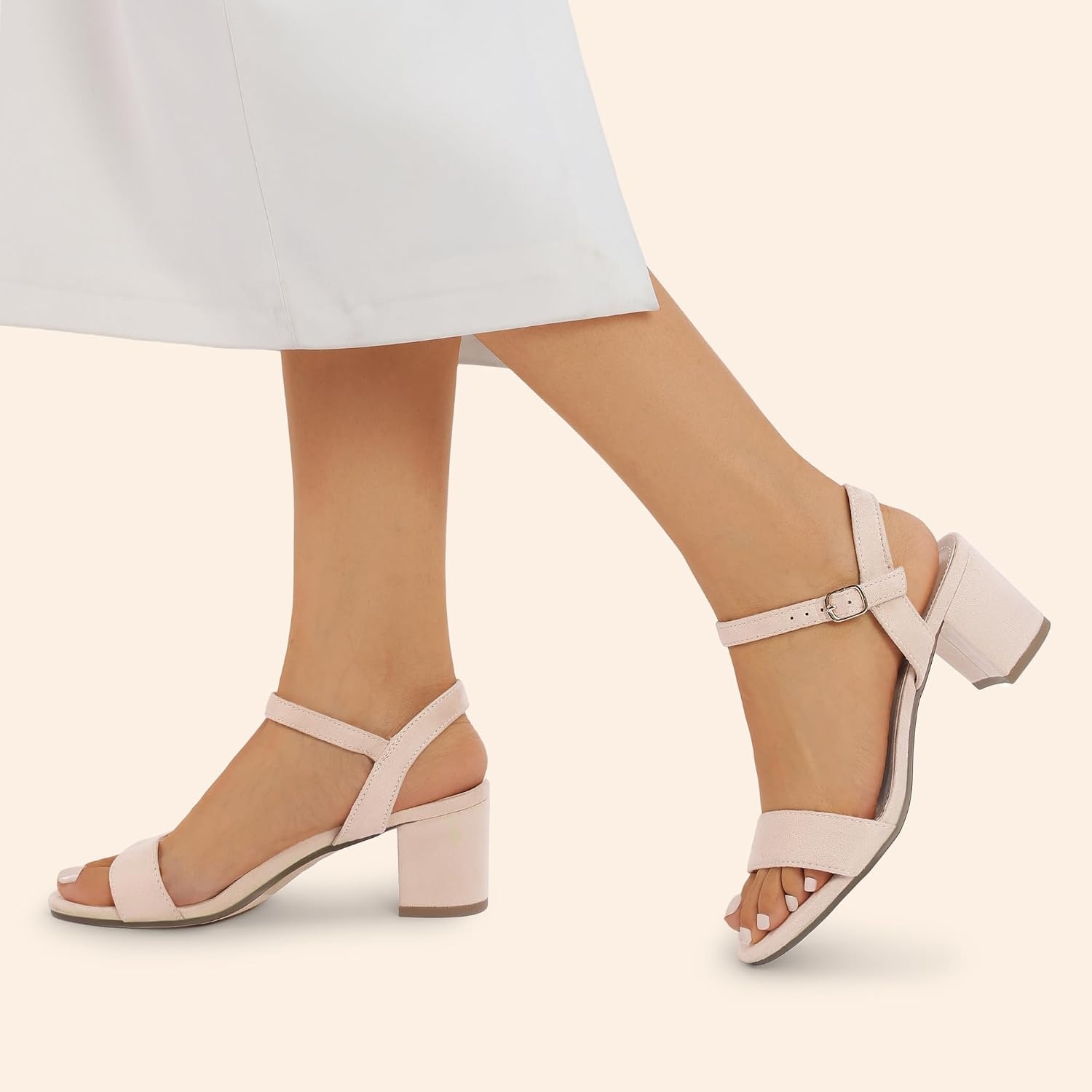 image:imageDREAM PAIRS Womens Chunky Low Heeled Sandals Comfortable Open Toe Ankle Strap Classic Short Block Sandals with Buckle for Daily Work Wedding PartyNudesuede