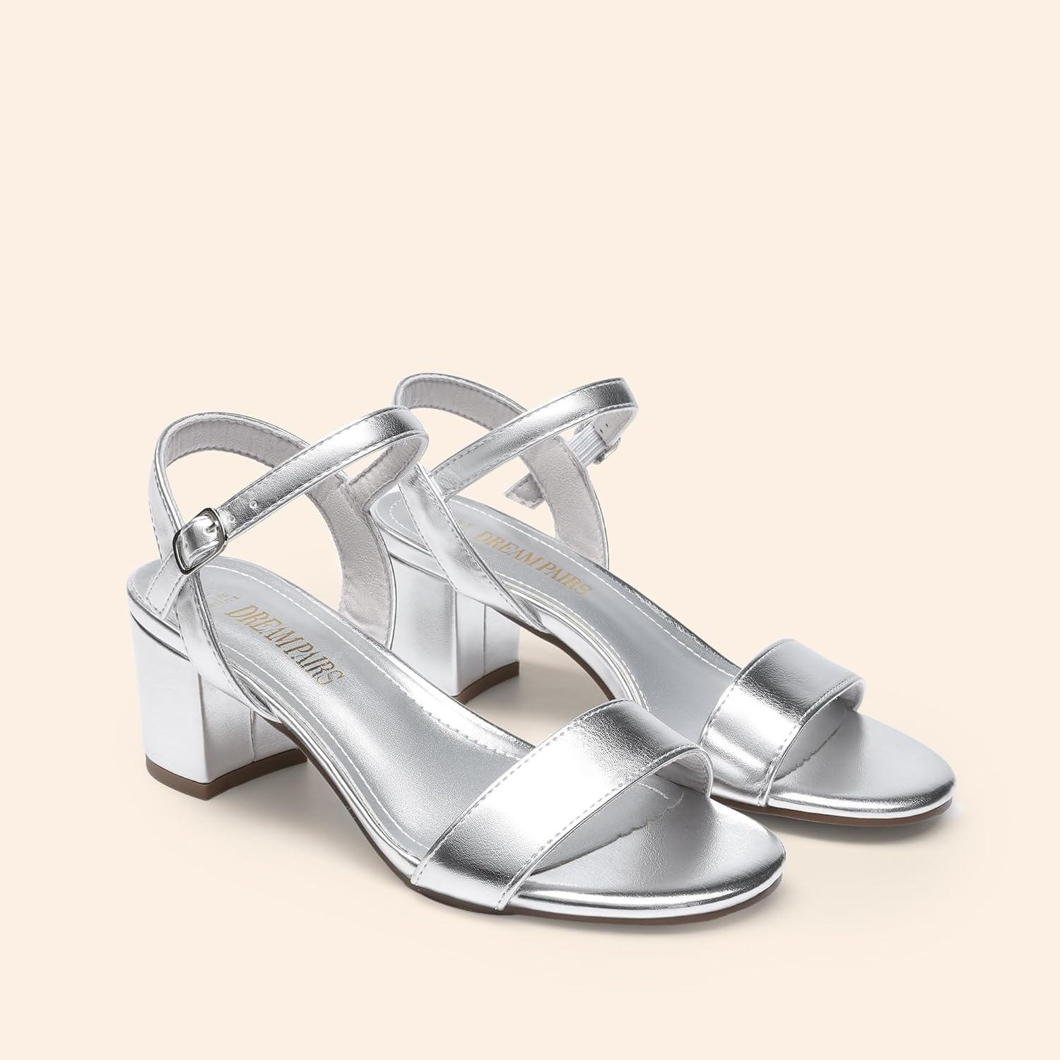 image:imageDREAM PAIRS Womens Chunky Low Heeled Sandals Comfortable Open Toe Ankle Strap Classic Short Block Sandals with Buckle for Daily Work Wedding PartySilvermetallic