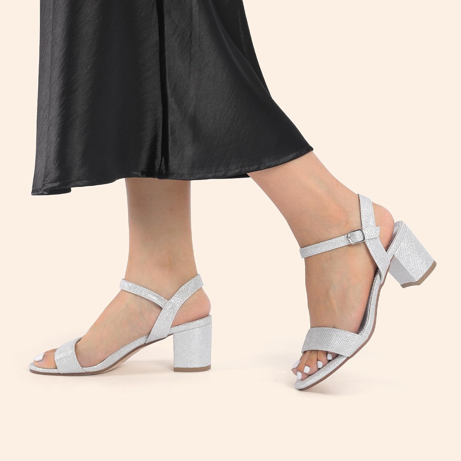 image:imageDREAM PAIRS Womens Chunky Low Heeled Sandals Comfortable Open Toe Ankle Strap Classic Short Block Sandals with Buckle for Daily Work Wedding PartySilverglitter