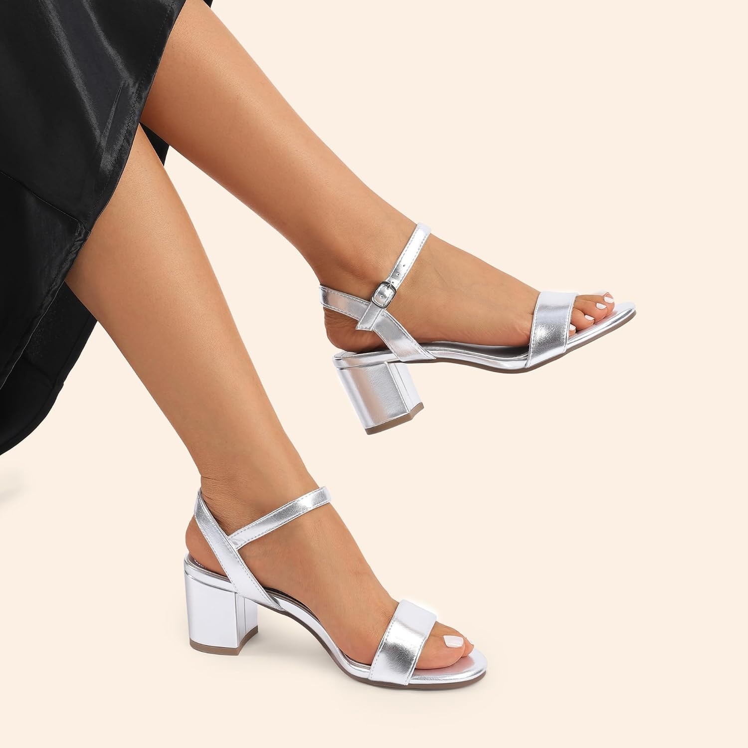 image:imageDREAM PAIRS Womens Chunky Low Heeled Sandals Comfortable Open Toe Ankle Strap Classic Short Block Sandals with Buckle for Daily Work Wedding PartySilvermetallic
