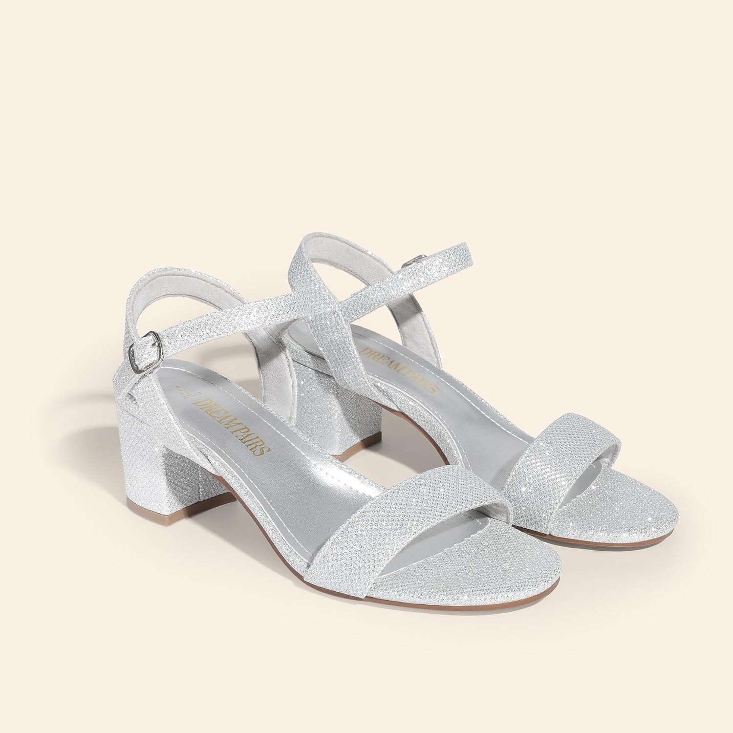 image:imageDREAM PAIRS Womens Chunky Low Heeled Sandals Comfortable Open Toe Ankle Strap Classic Short Block Sandals with Buckle for Daily Work Wedding PartySilverglitter