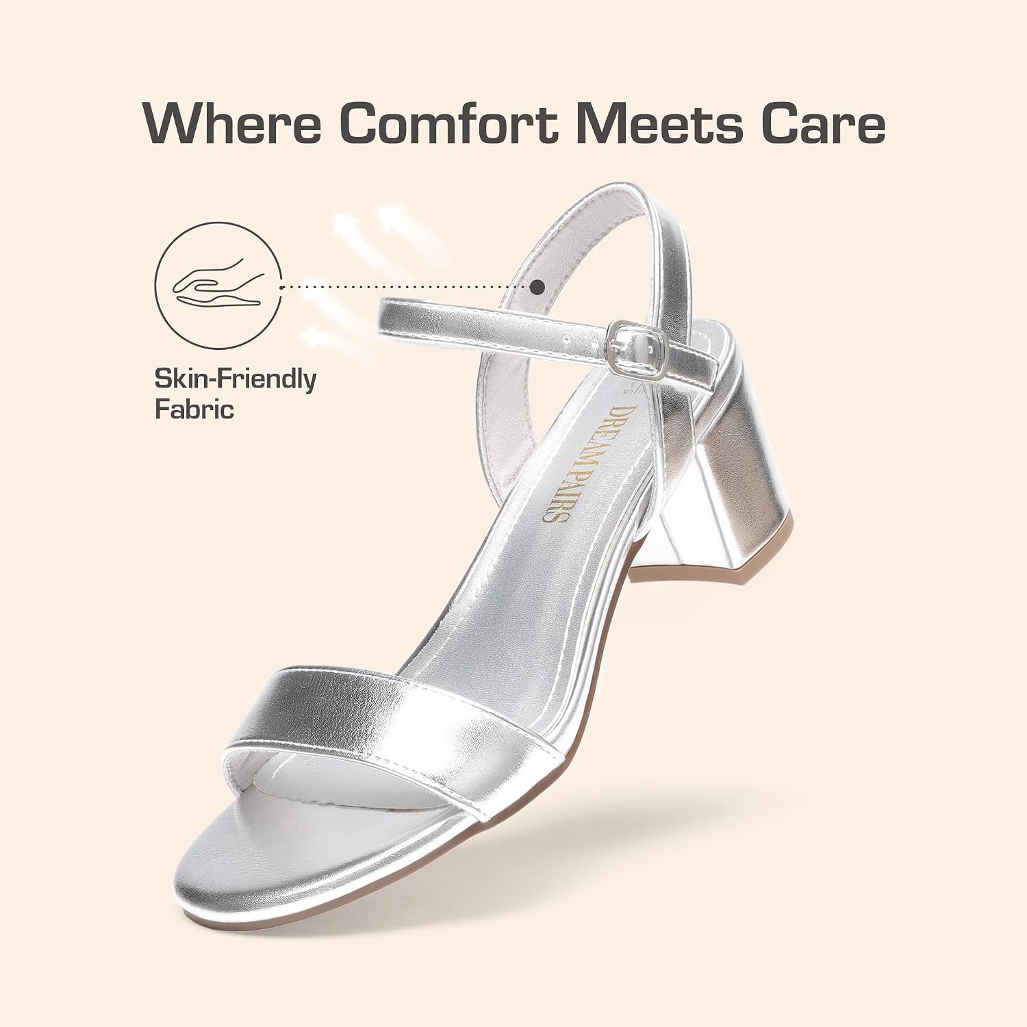 image:imageDREAM PAIRS Womens Chunky Low Heeled Sandals Comfortable Open Toe Ankle Strap Classic Short Block Sandals with Buckle for Daily Work Wedding PartySilvermetallic