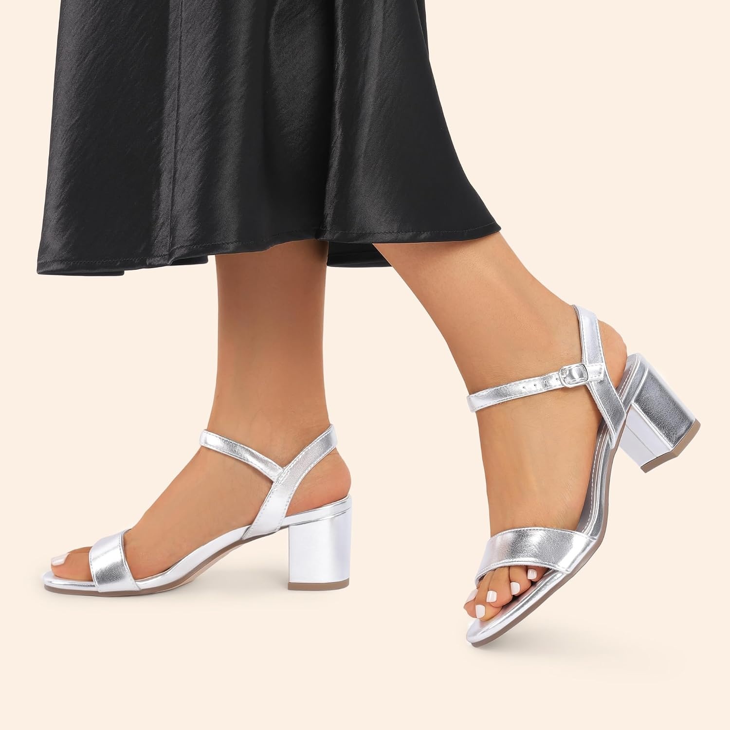 image:imageDREAM PAIRS Womens Chunky Low Heeled Sandals Comfortable Open Toe Ankle Strap Classic Short Block Sandals with Buckle for Daily Work Wedding PartySilvermetallic