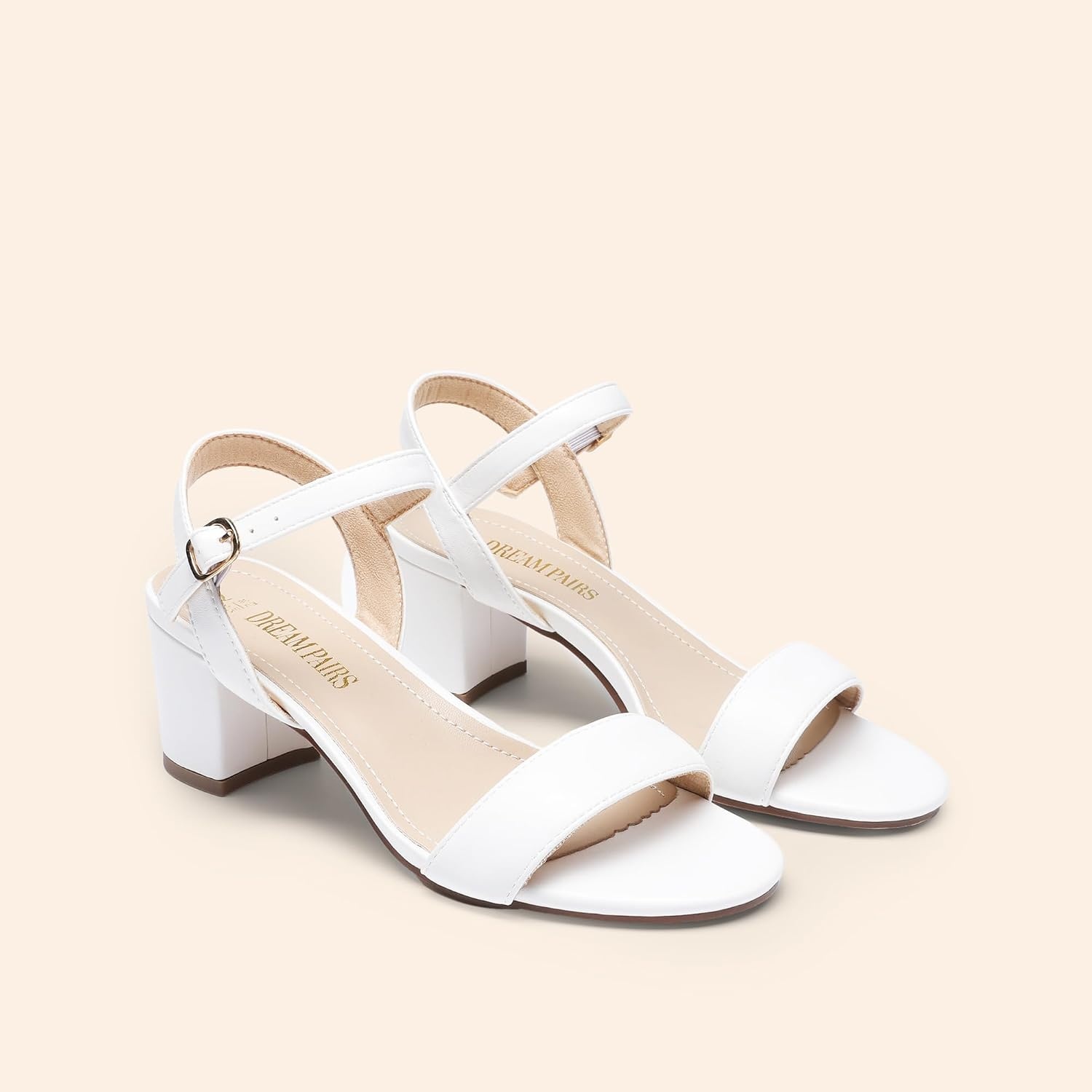 image:imageDREAM PAIRS Womens Chunky Low Heeled Sandals Comfortable Open Toe Ankle Strap Classic Short Block Sandals with Buckle for Daily Work Wedding PartyWhitepu