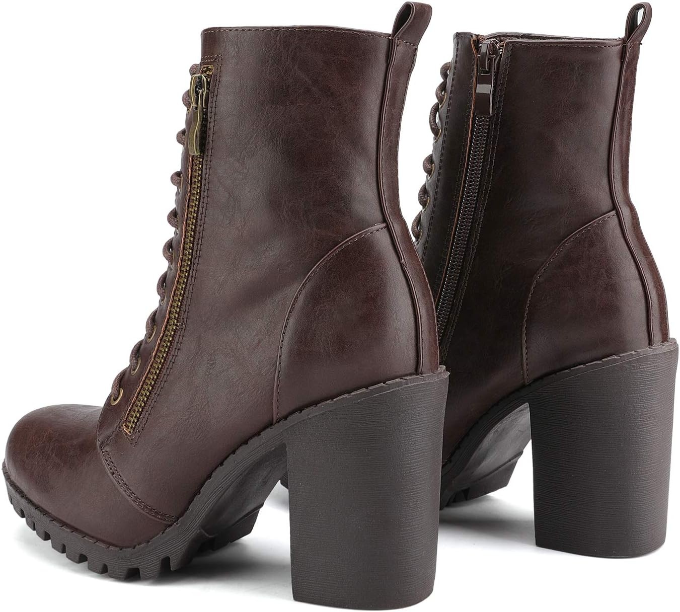 image:imageDREAM PAIRS Womens Combat Ankle Chunky Heel Lace up Booties Fashion High Heeled Ankle Booties Side zipper and adjustable lace up closure design for easy onoffBrown