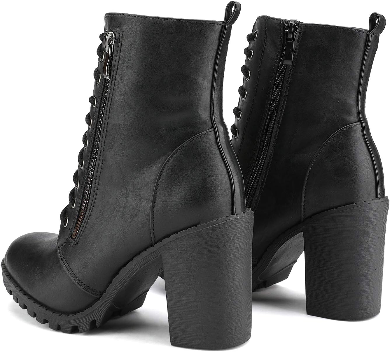 image:imageDREAM PAIRS Womens Combat Ankle Chunky Heel Lace up Booties Fashion High Heeled Ankle Booties Side zipper and adjustable lace up closure design for easy onoffBlack