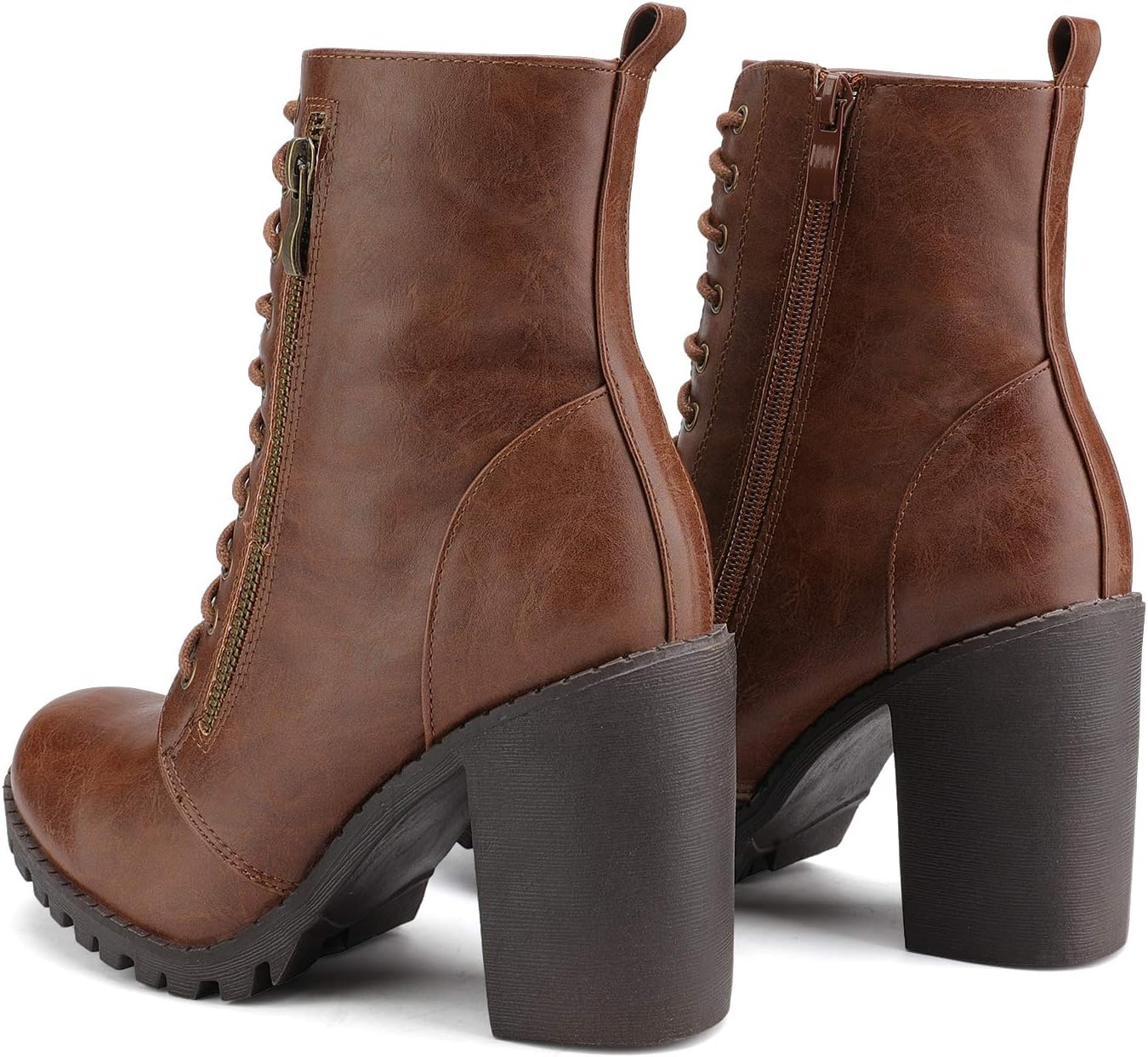 image:imageDREAM PAIRS Womens Combat Ankle Chunky Heel Lace up Booties Fashion High Heeled Ankle Booties Side zipper and adjustable lace up closure design for easy onoffTan