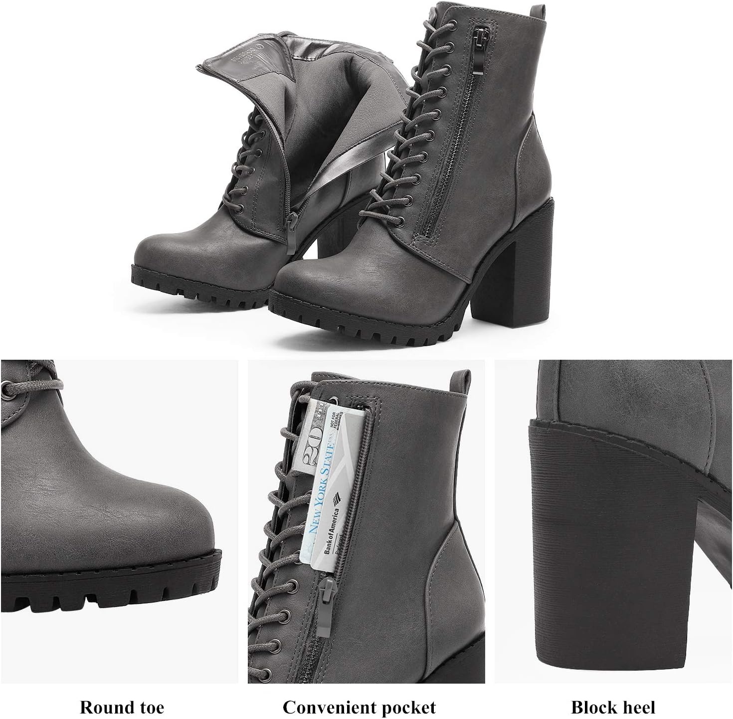 image:imageDREAM PAIRS Womens Combat Ankle Chunky Heel Lace up Booties Fashion High Heeled Ankle Booties Side zipper and adjustable lace up closure design for easy onoffGreyPu