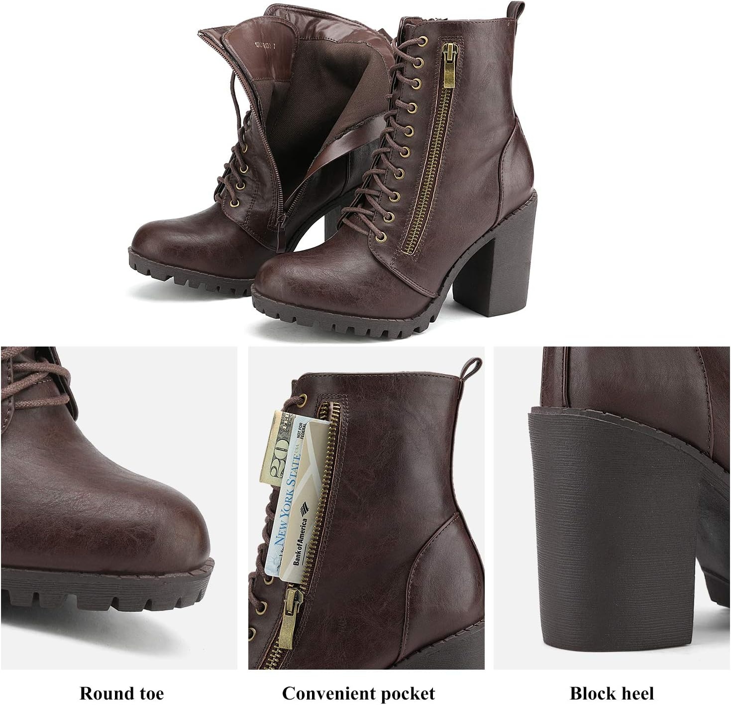 image:imageDREAM PAIRS Womens Combat Ankle Chunky Heel Lace up Booties Fashion High Heeled Ankle Booties Side zipper and adjustable lace up closure design for easy onoffBrown