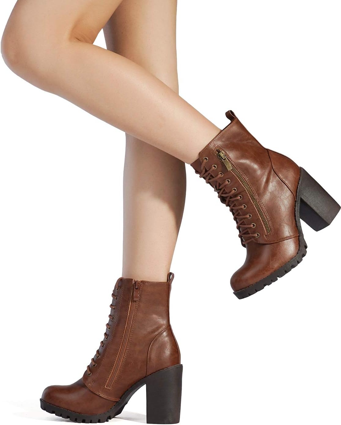 image:imageDREAM PAIRS Womens Combat Ankle Chunky Heel Lace up Booties Fashion High Heeled Ankle Booties Side zipper and adjustable lace up closure design for easy onoffTan