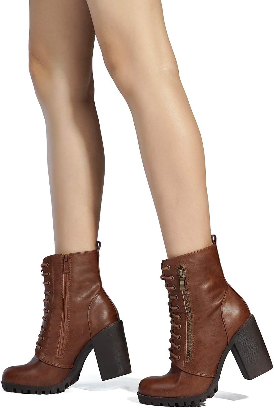 image:imageDREAM PAIRS Womens Combat Ankle Chunky Heel Lace up Booties Fashion High Heeled Ankle Booties Side zipper and adjustable lace up closure design for easy onoffTan
