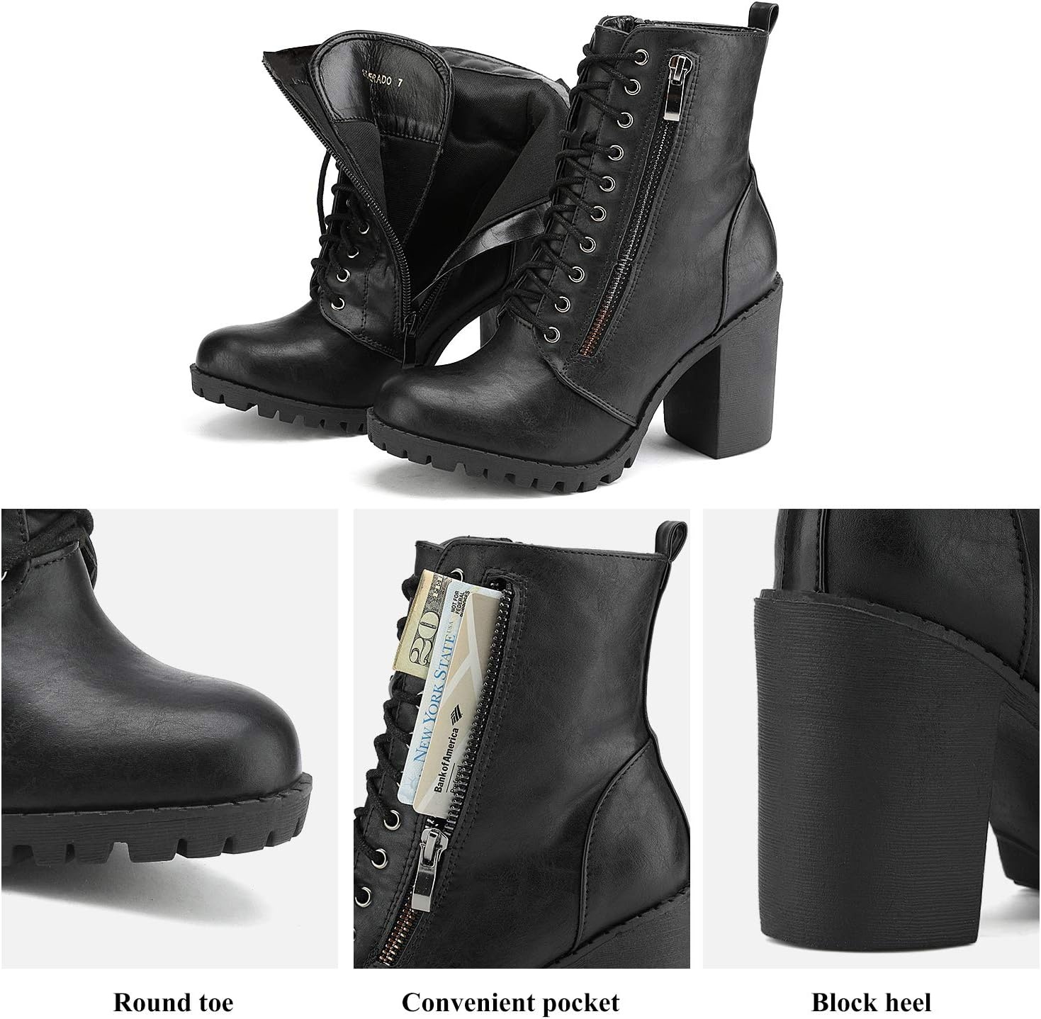 image:imageDREAM PAIRS Womens Combat Ankle Chunky Heel Lace up Booties Fashion High Heeled Ankle Booties Side zipper and adjustable lace up closure design for easy onoffBlack